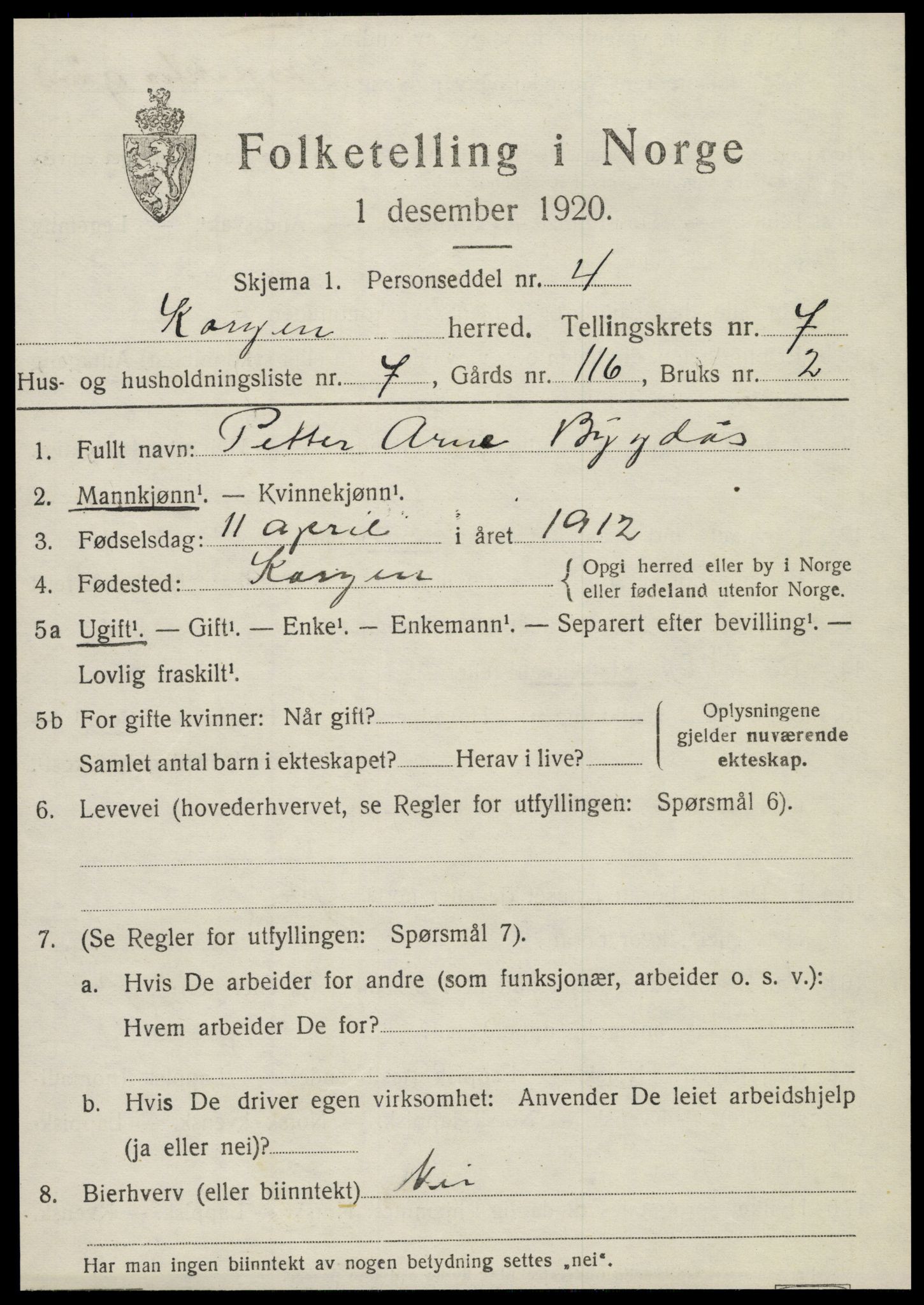 SAT, 1920 census for Korgen, 1920, p. 2860