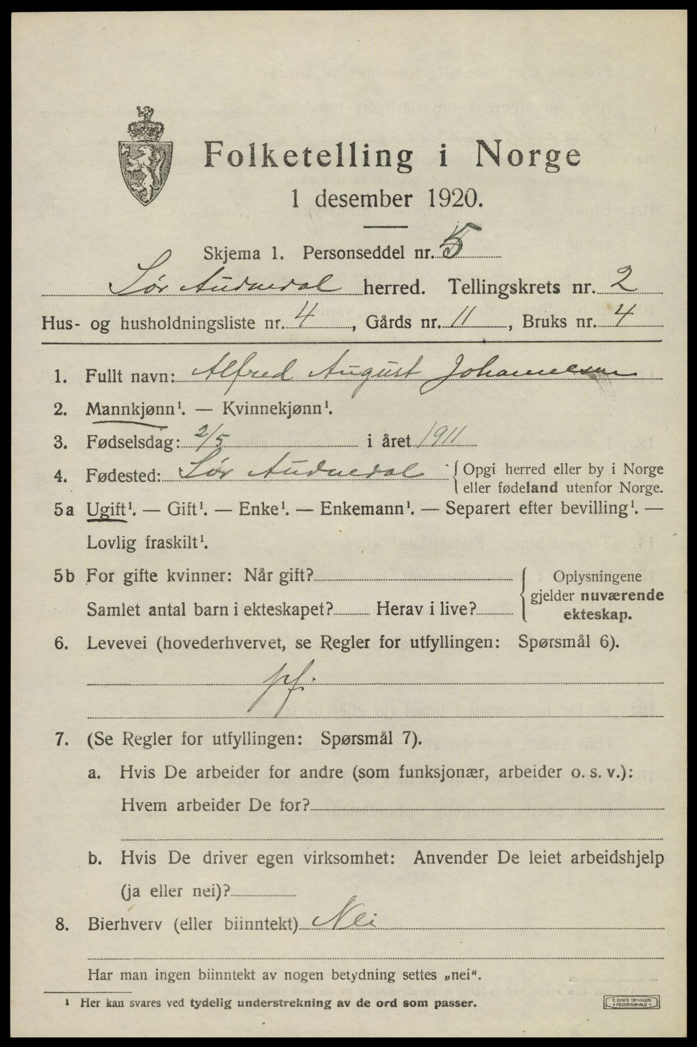 SAK, 1920 census for Sør-Audnedal, 1920, p. 1619