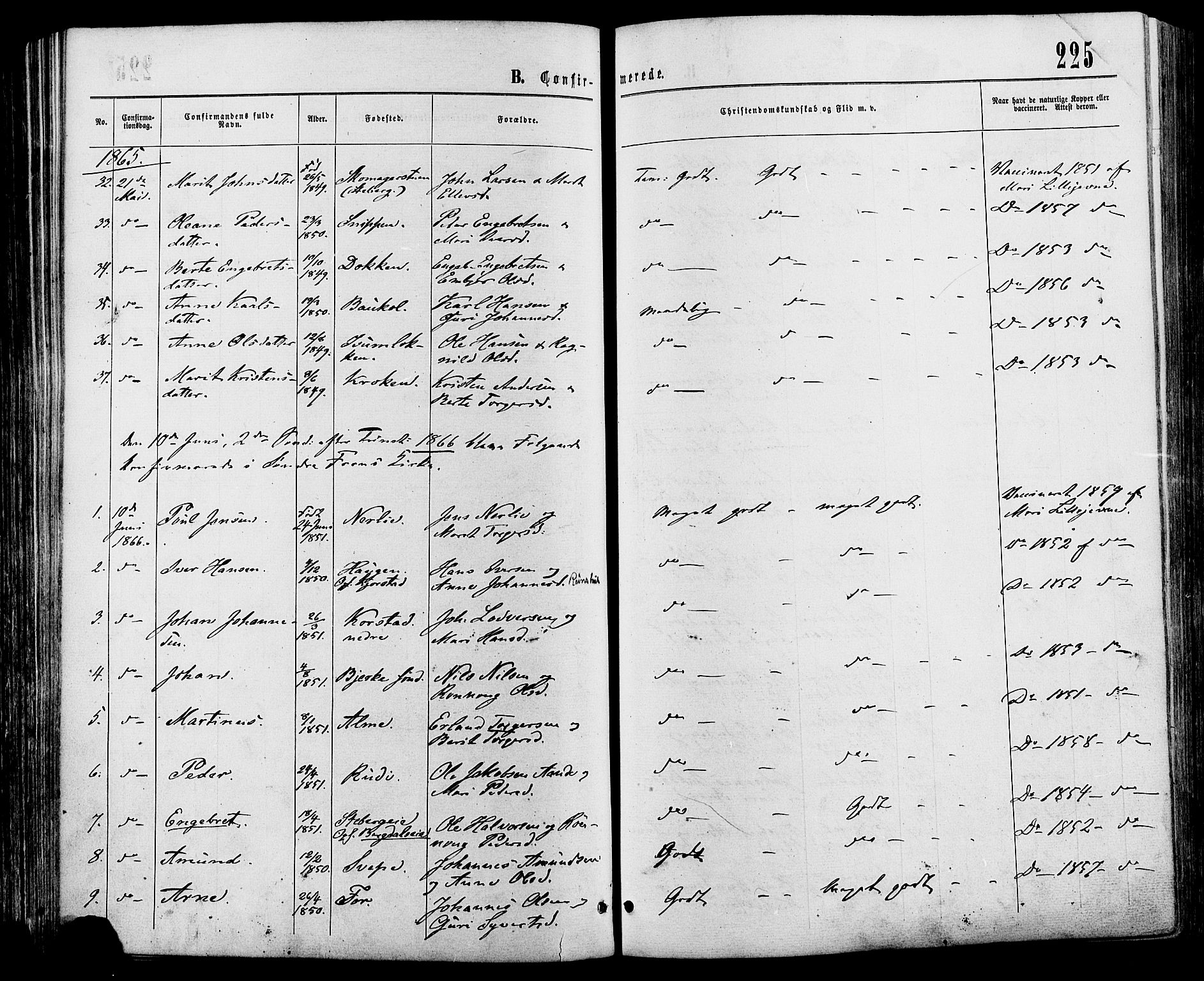 Sør-Fron prestekontor, SAH/PREST-010/H/Ha/Haa/L0002: Parish register (official) no. 2, 1864-1880, p. 225