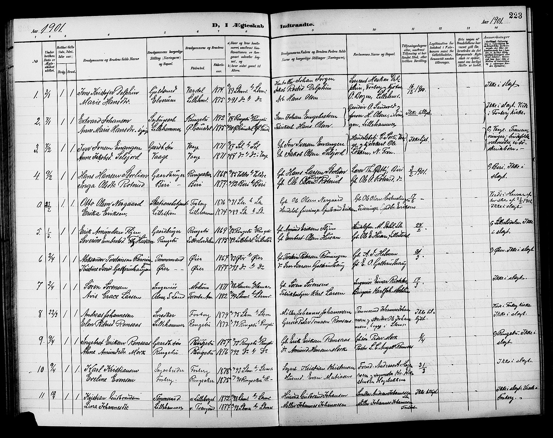 Lillehammer prestekontor, AV/SAH-PREST-088/H/Ha/Hab/L0001: Parish register (copy) no. 1, 1901-1913, p. 223