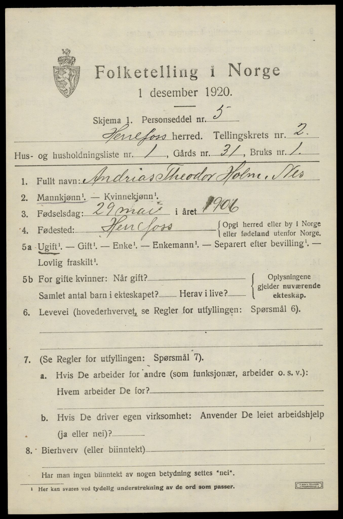 SAK, 1920 census for Herefoss, 1920, p. 326