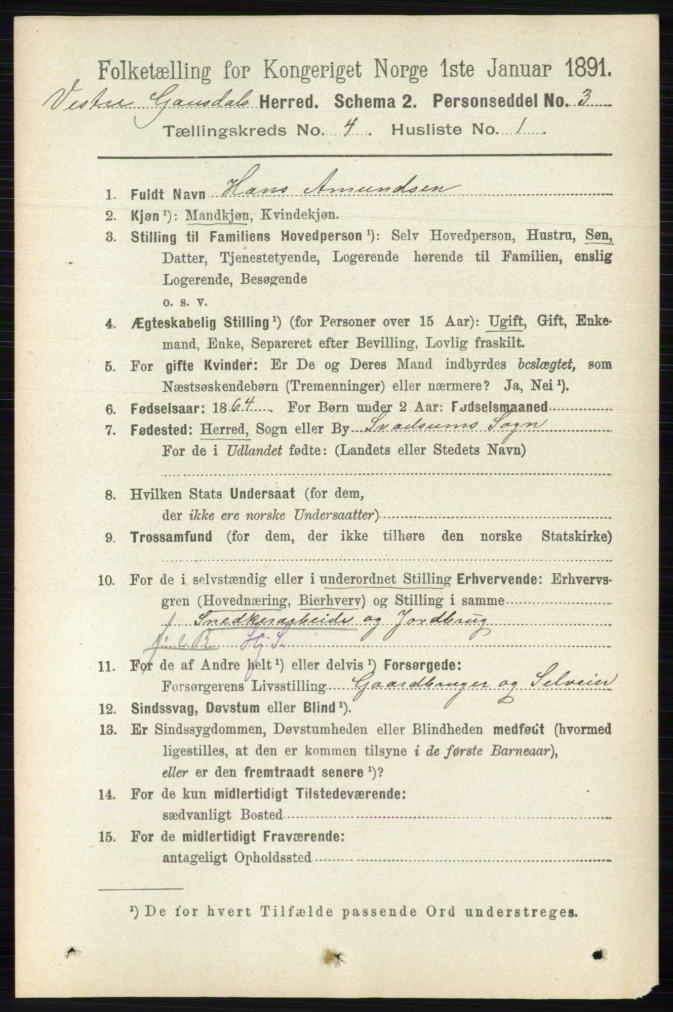 RA, 1891 census for 0523 Vestre Gausdal, 1891, p. 1713