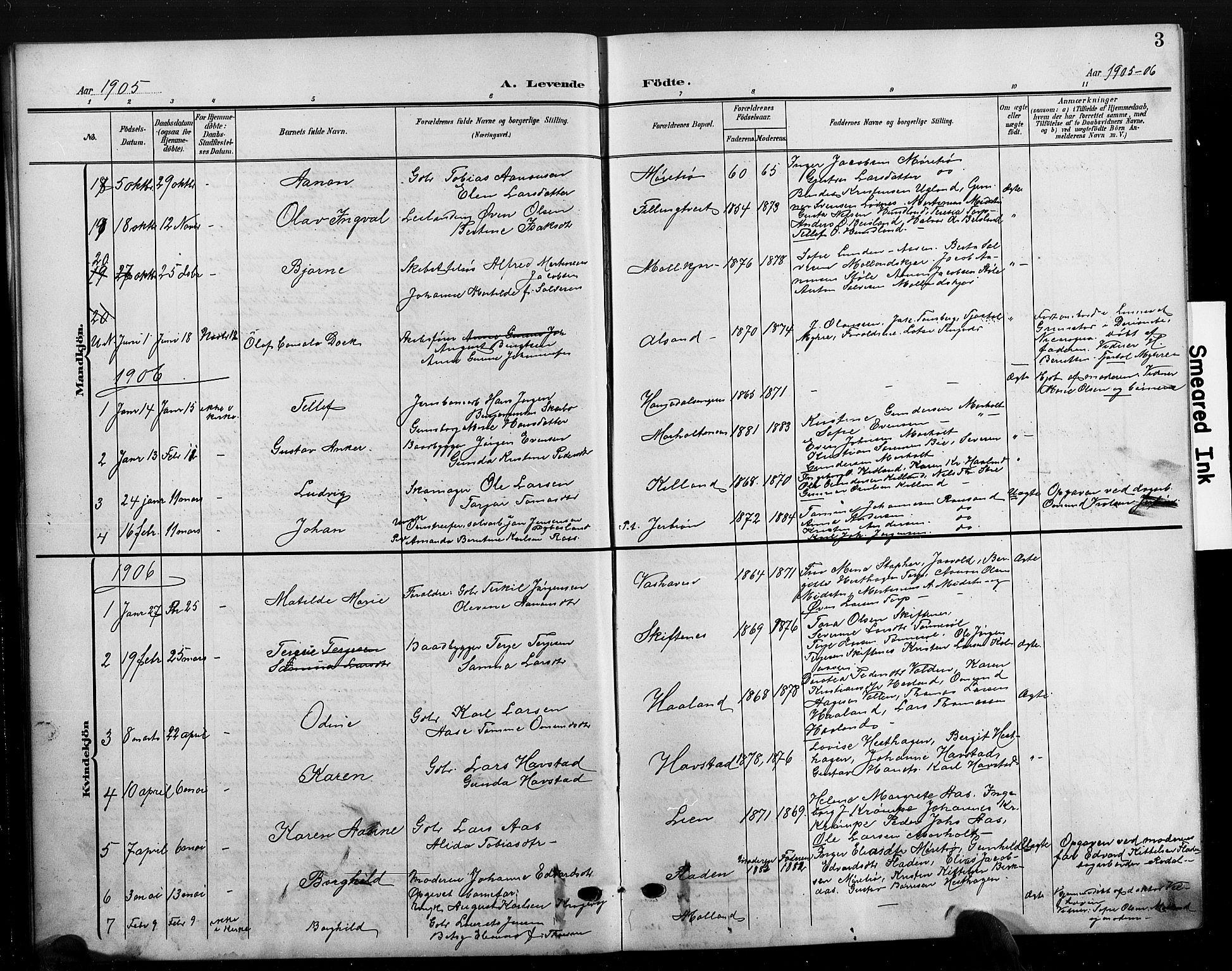 Hommedal sokneprestkontor, SAK/1111-0023/F/Fb/Fbb/L0008: Parish register (copy) no. B 8, 1905-1929, p. 3
