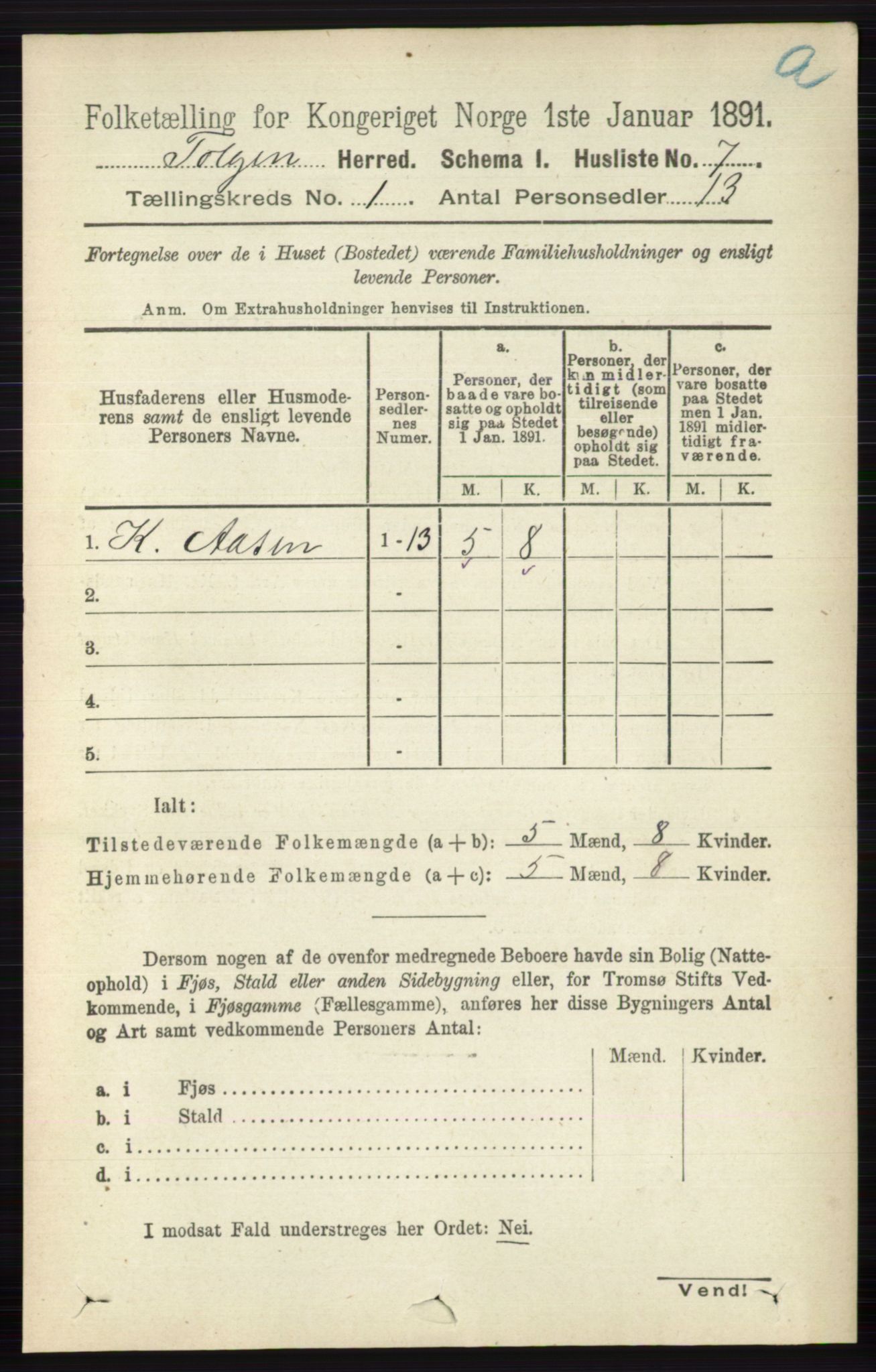 RA, 1891 census for 0436 Tolga, 1891, p. 52