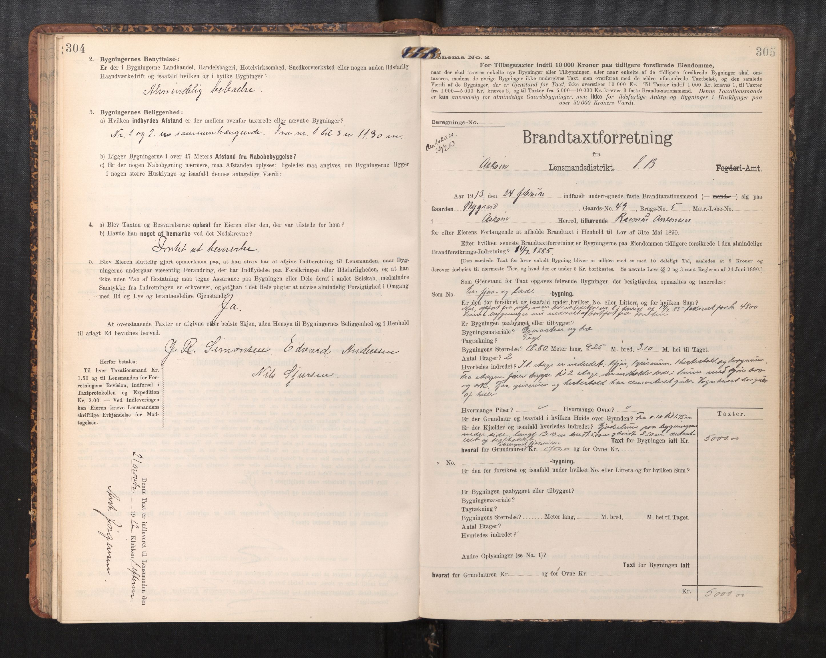 Lensmannen i Askøy, AV/SAB-A-31001/0012/L0006: Branntakstprotokoll, skjematakst, Laksevåg, 1907-1917, p. 304-305
