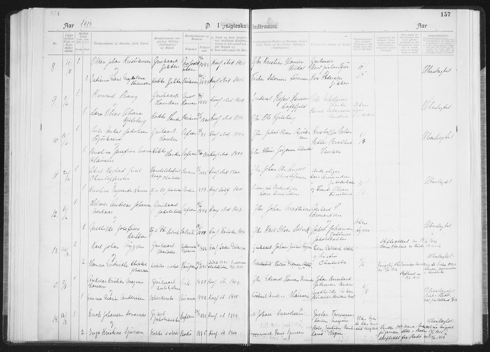 Ministerialprotokoller, klokkerbøker og fødselsregistre - Nordland, SAT/A-1459/850/L0711: Curate's parish register no. 850B01, 1902-1915, p. 157
