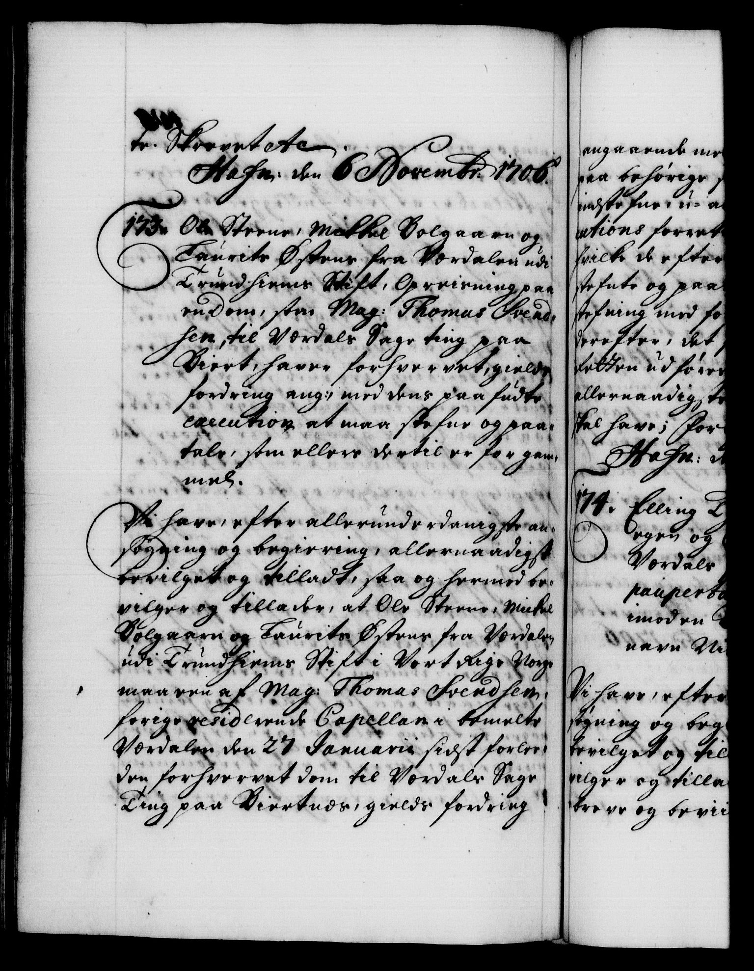 Danske Kanselli 1572-1799, AV/RA-EA-3023/F/Fc/Fca/Fcaa/L0019: Norske registre, 1704-1707, p. 405b