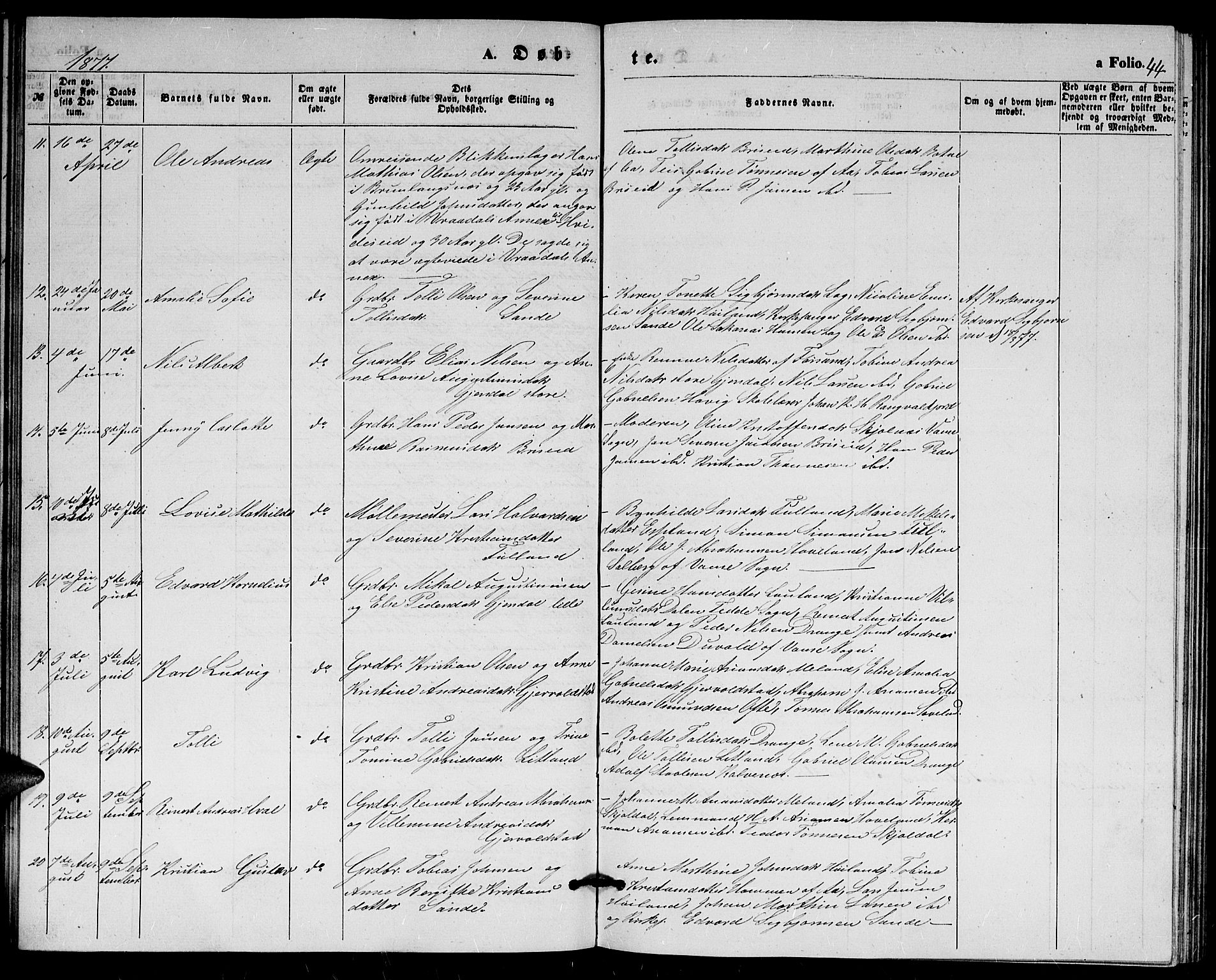 Herad sokneprestkontor, AV/SAK-1111-0018/F/Fb/Fba/L0003: Parish register (copy) no. B 3, 1863-1883, p. 44