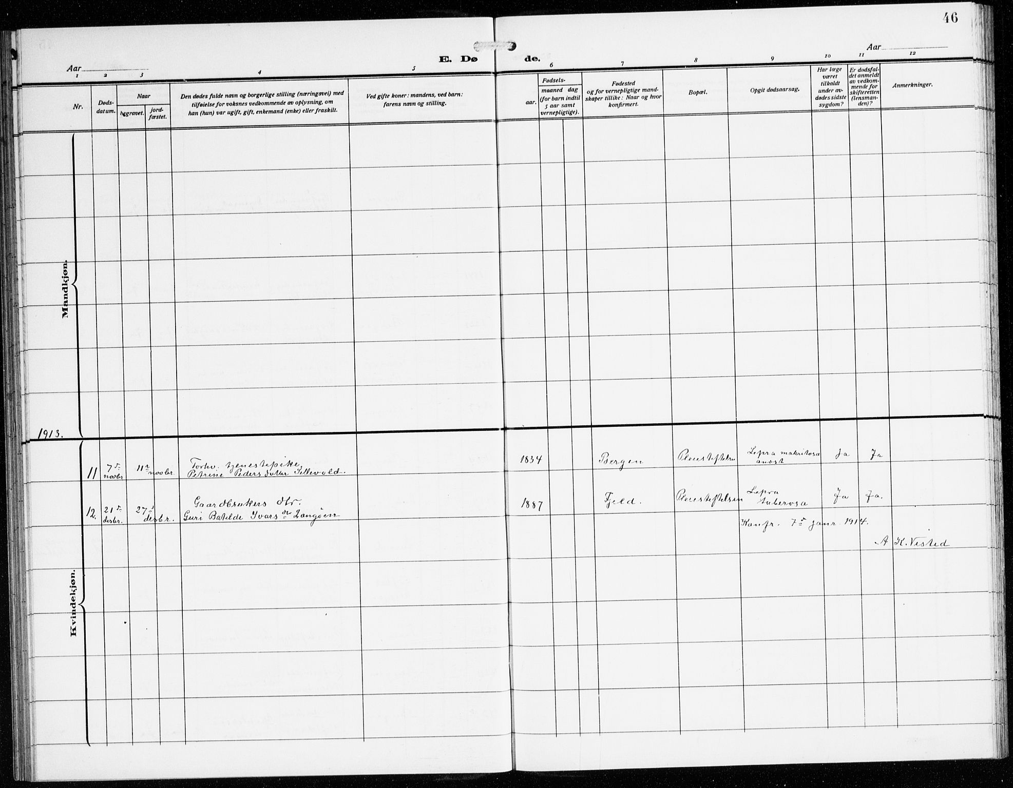 St. Jørgens hospital og Årstad sokneprestembete, AV/SAB-A-99934: Parish register (copy) no. A 11, 1909-1935, p. 46