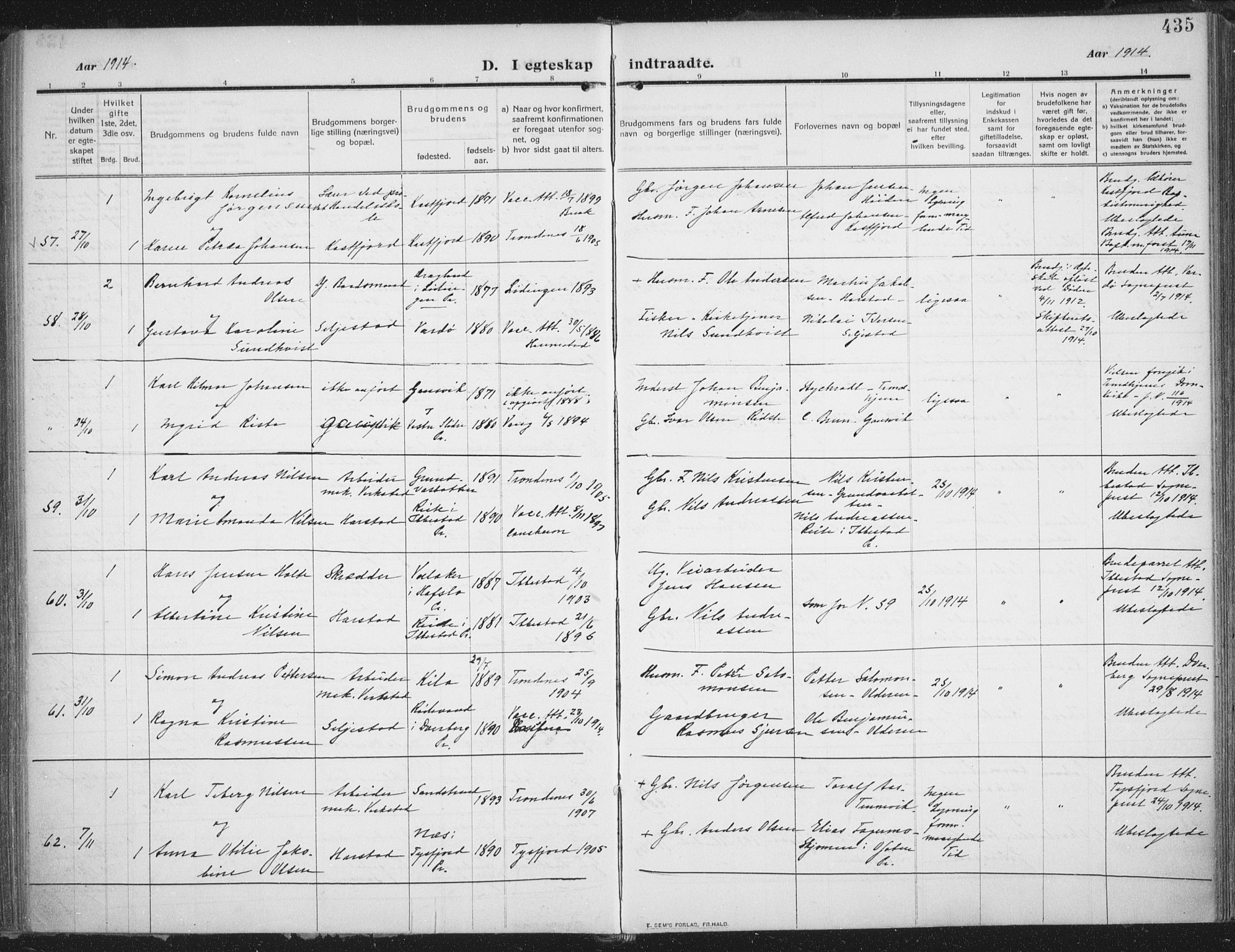Trondenes sokneprestkontor, SATØ/S-1319/H/Ha/L0018kirke: Parish register (official) no. 18, 1909-1918, p. 435