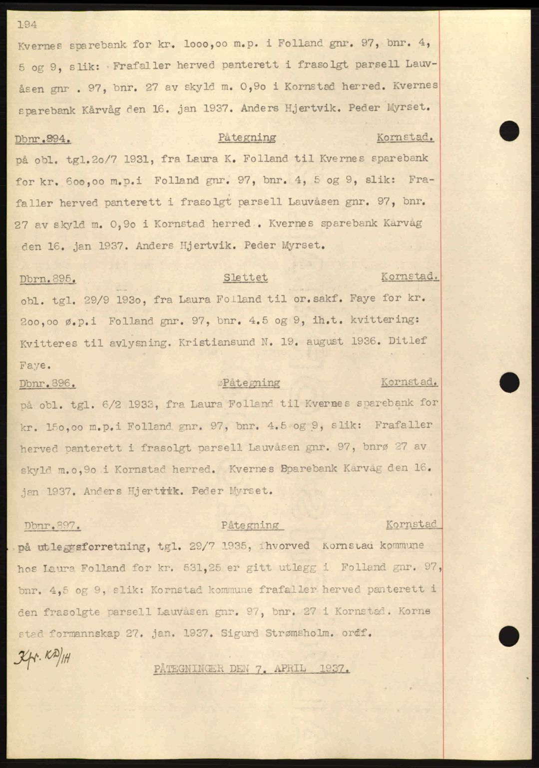 Nordmøre sorenskriveri, AV/SAT-A-4132/1/2/2Ca: Mortgage book no. C80, 1936-1939, Diary no: : 894/1937