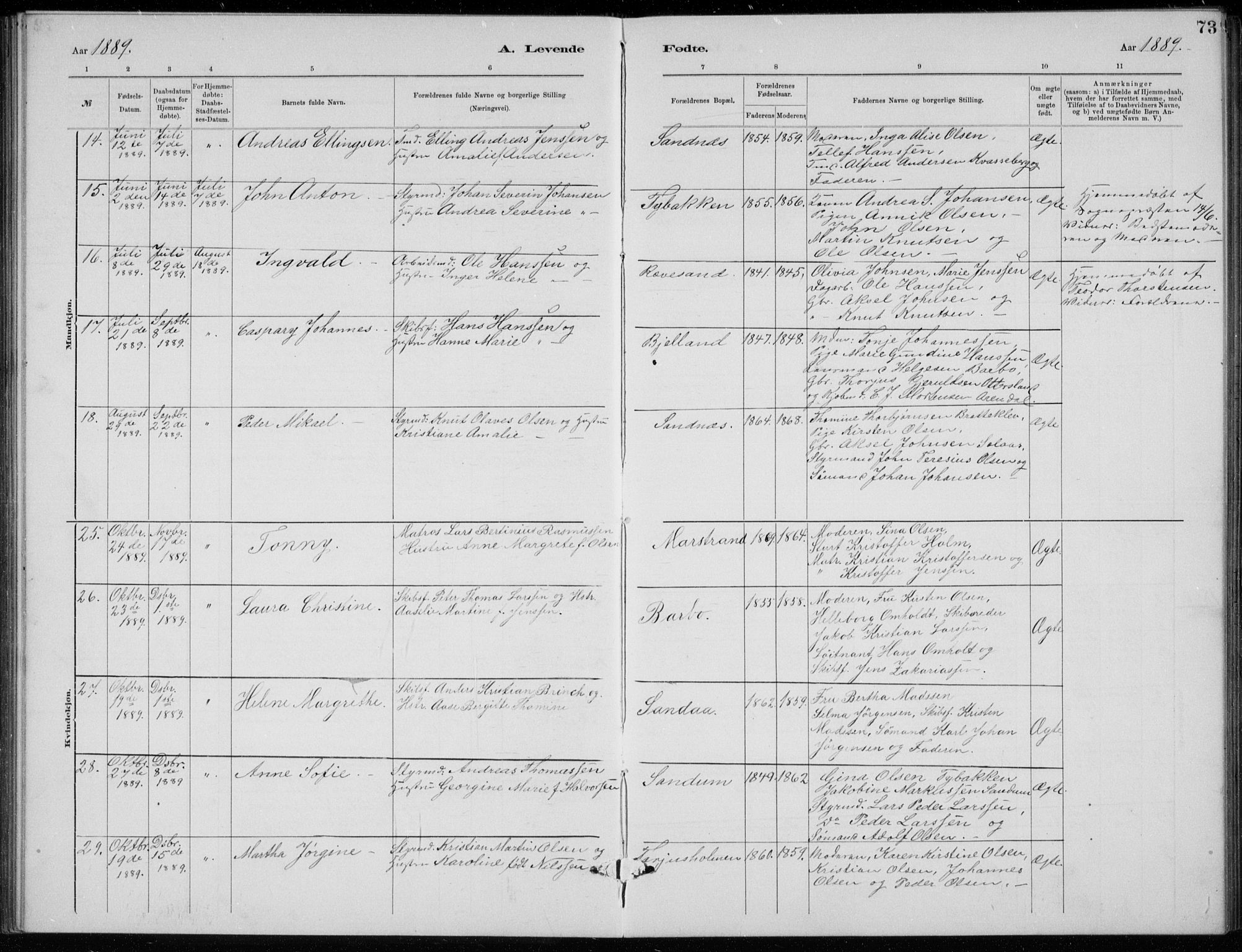Tromøy sokneprestkontor, SAK/1111-0041/F/Fb/L0005: Parish register (copy) no. B 5, 1877-1891, p. 73