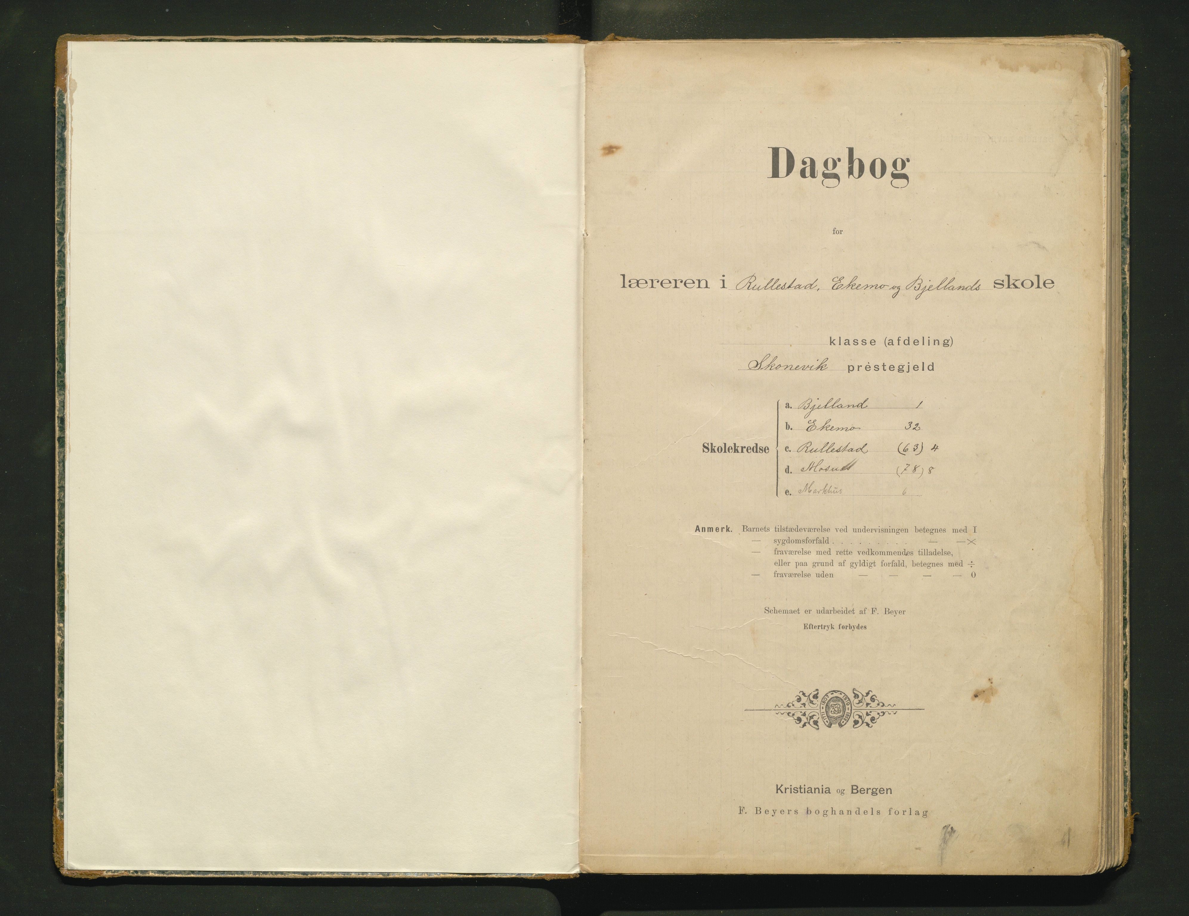 Skånevik kommune. Barneskulane, IKAH/1212-231/G/Gc/L0001: Dagbok for Markhus, Bjelland, Eikemo, Rullestad og Mosnes krinsar, 1896-1911