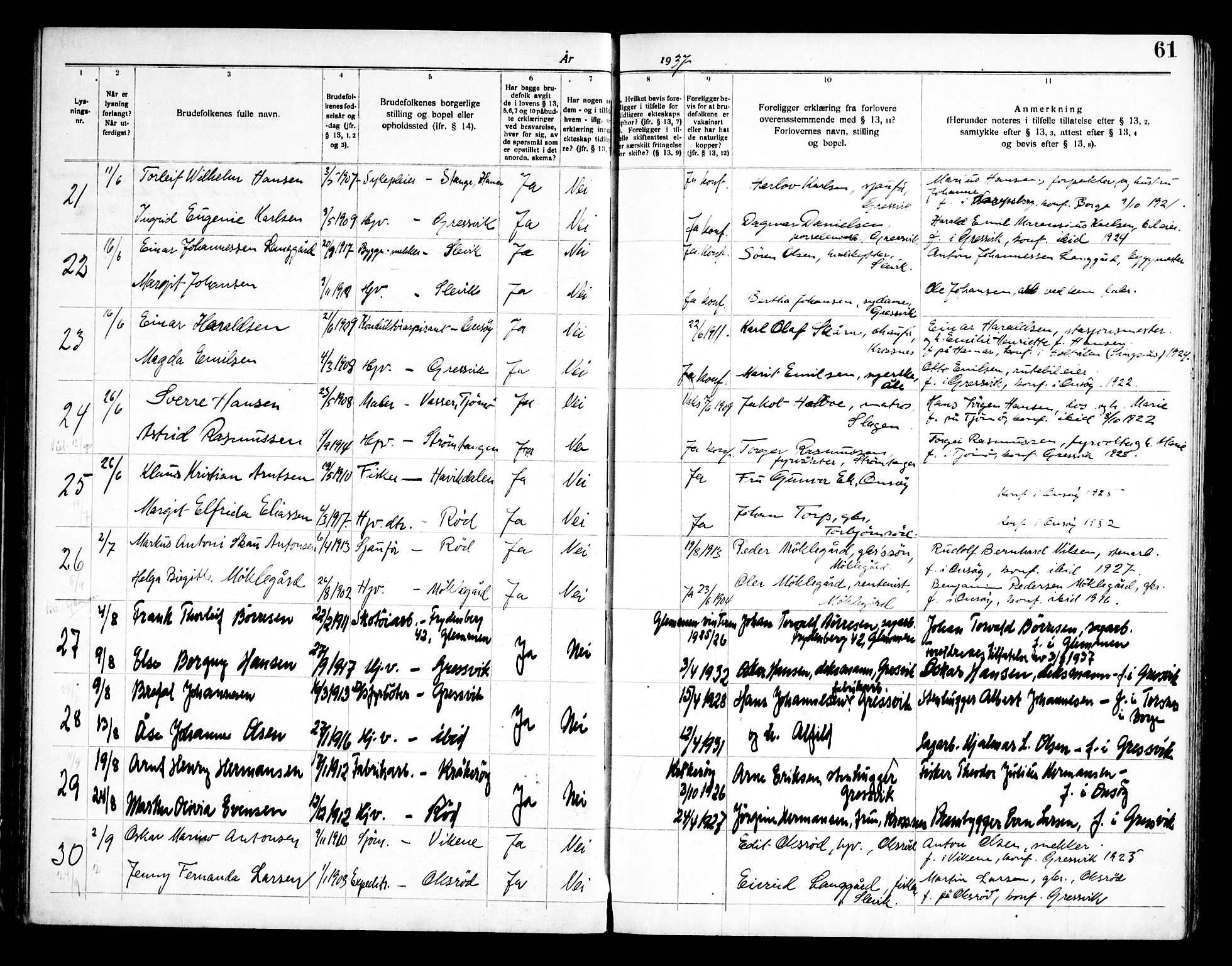 Onsøy prestekontor Kirkebøker, SAO/A-10914/H/Hb/L0001: Banns register no. II 1, 1919-1949, p. 61