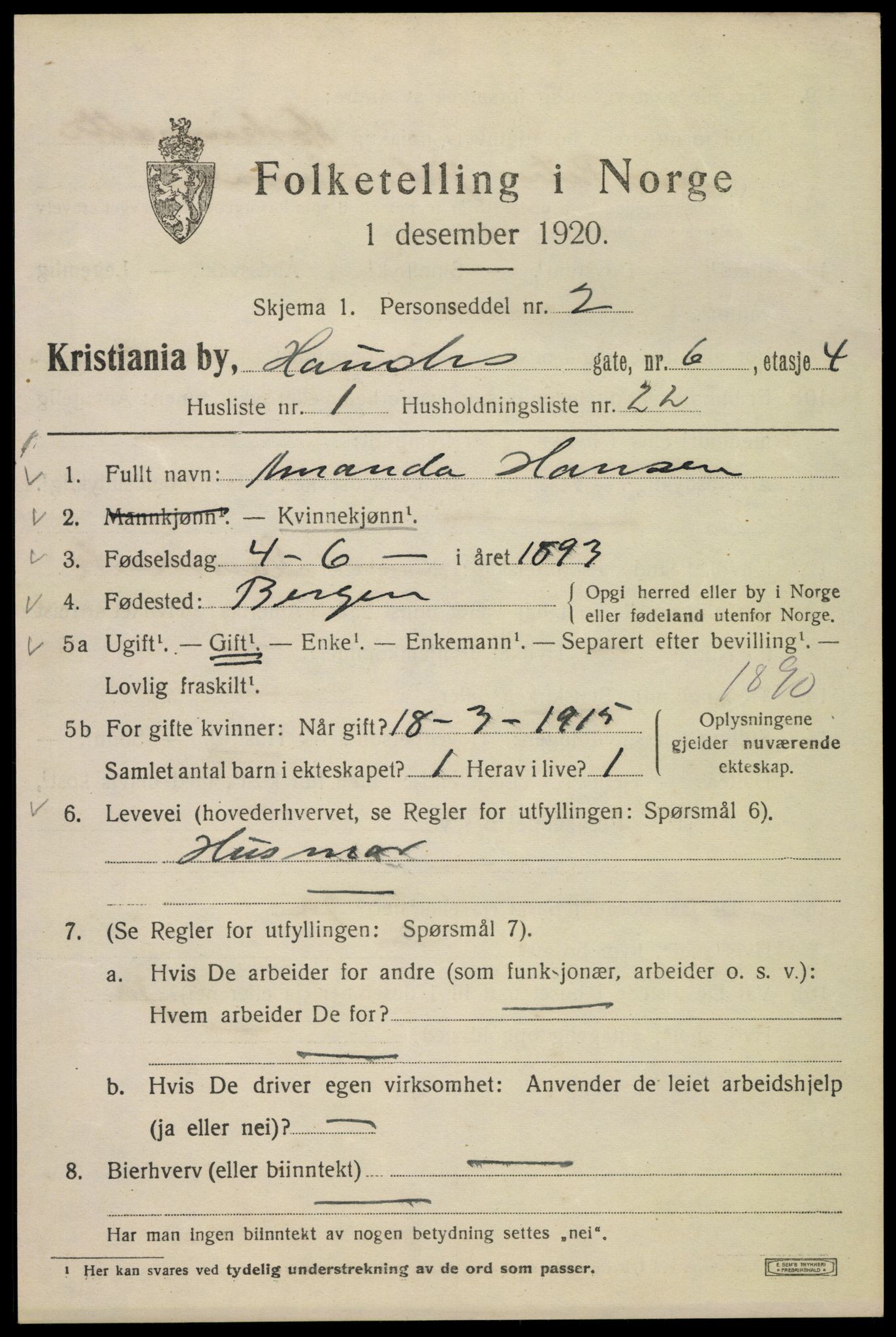 SAO, 1920 census for Kristiania, 1920, p. 272931