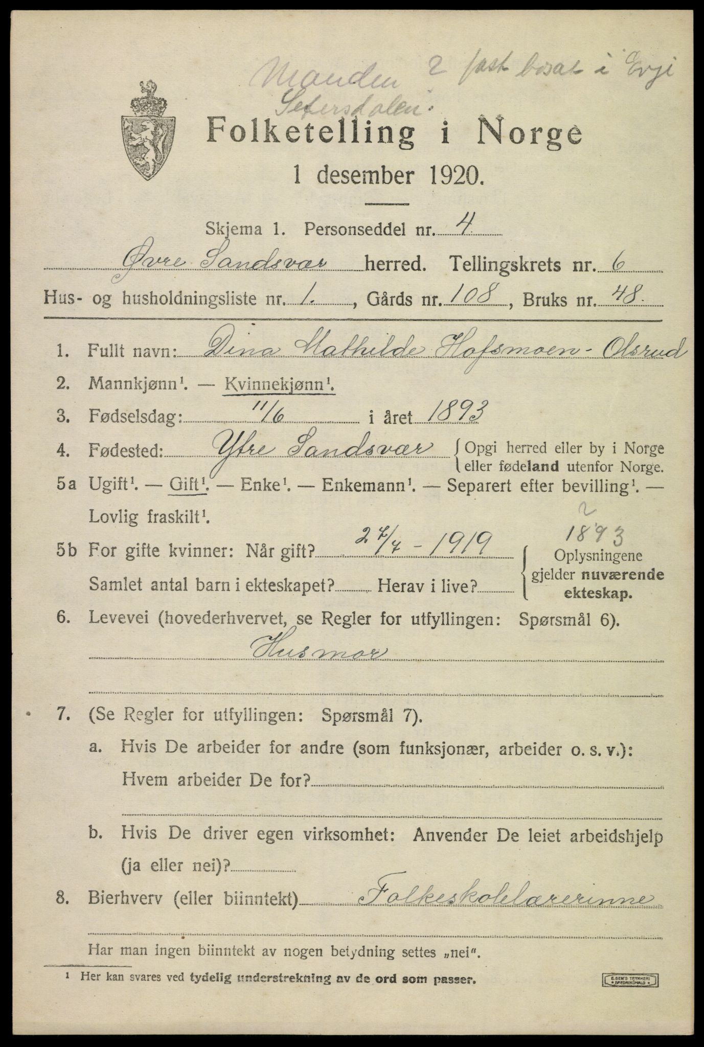 SAKO, 1920 census for Øvre Sandsvær, 1920, p. 3182
