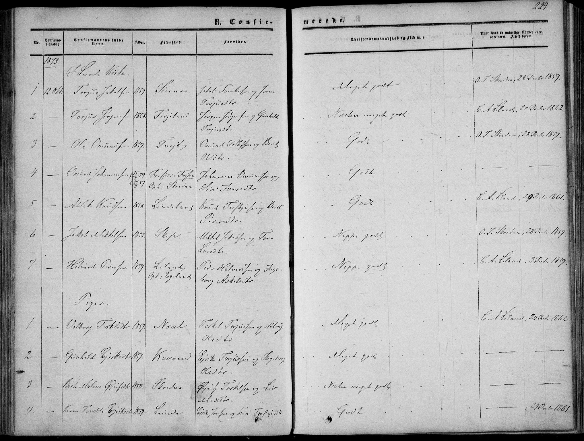 Sirdal sokneprestkontor, AV/SAK-1111-0036/F/Fa/Fab/L0002: Parish register (official) no. A 2, 1855-1874, p. 224