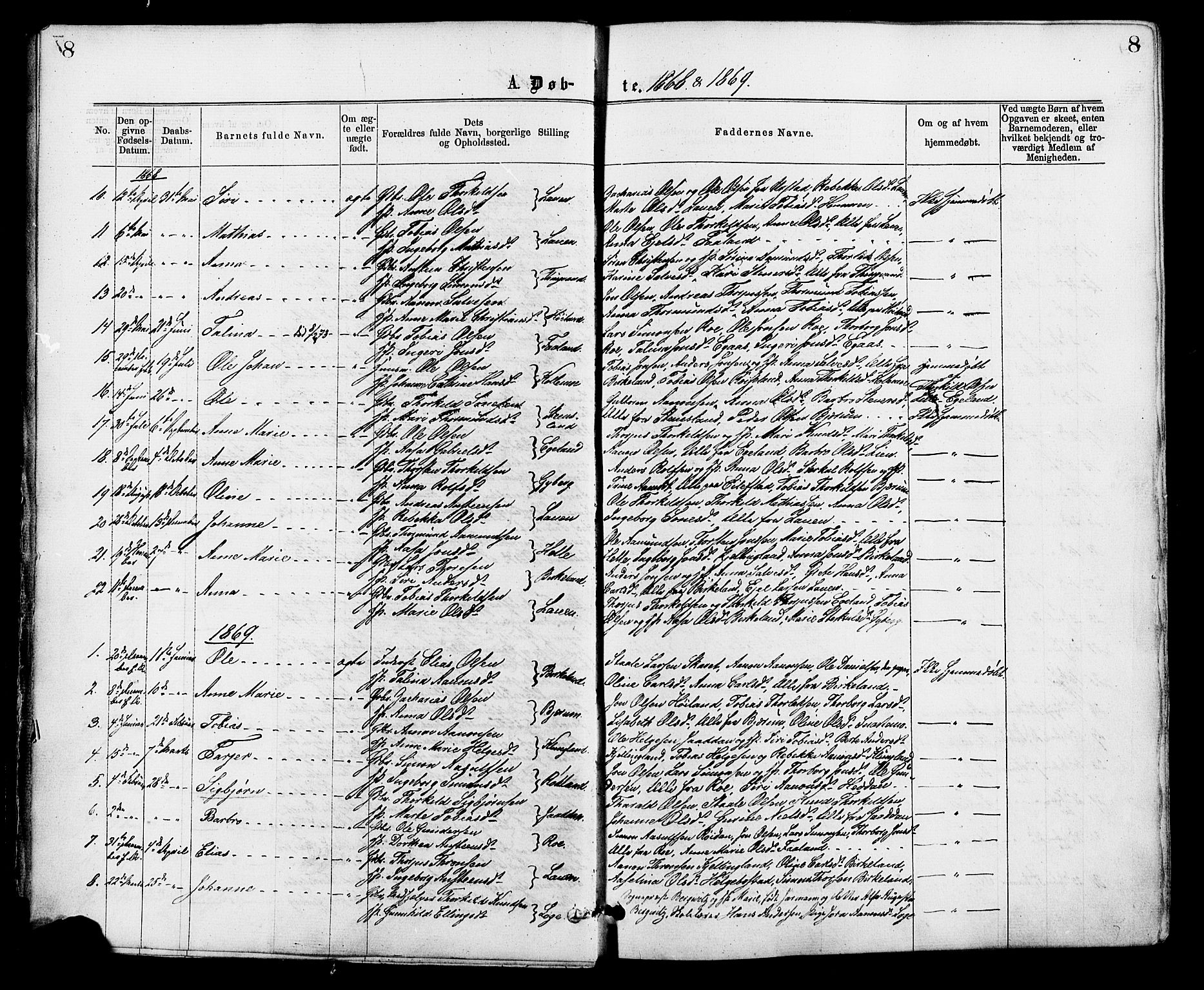 Hægebostad sokneprestkontor, SAK/1111-0024/F/Fa/Faa/L0005: Parish register (official) no. A 5, 1864-1886, p. 8