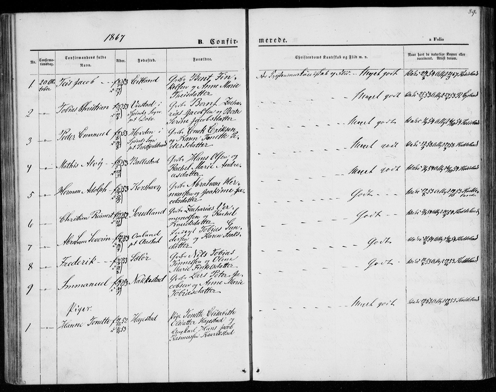 Lyngdal sokneprestkontor, SAK/1111-0029/F/Fa/Faa/L0002: Parish register (official) no. A 2, 1858-1870, p. 89