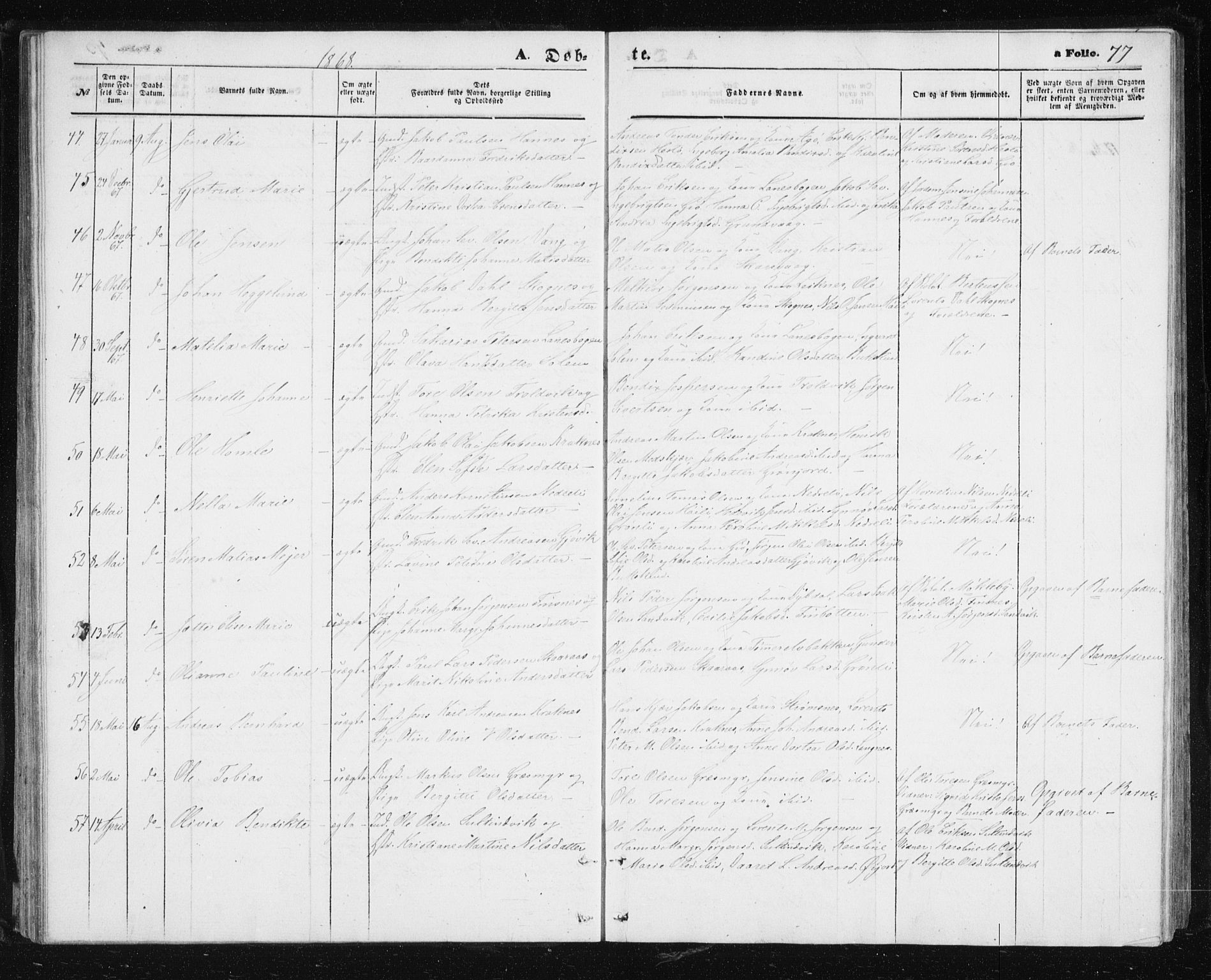 Lenvik sokneprestembete, AV/SATØ-S-1310/H/Ha/Hab/L0004klokker: Parish register (copy) no. 4, 1859-1869, p. 77