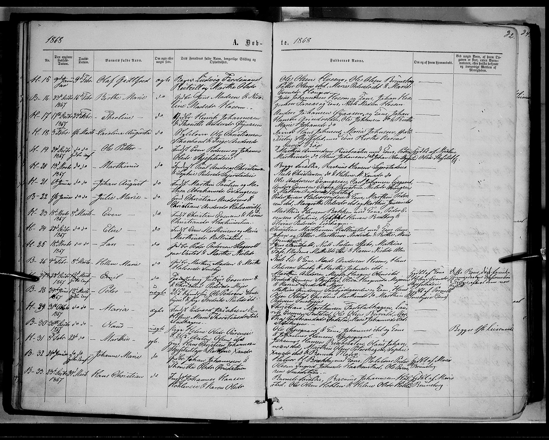 Østre Toten prestekontor, AV/SAH-PREST-104/H/Ha/Haa/L0005: Parish register (official) no. 5, 1866-1877, p. 32