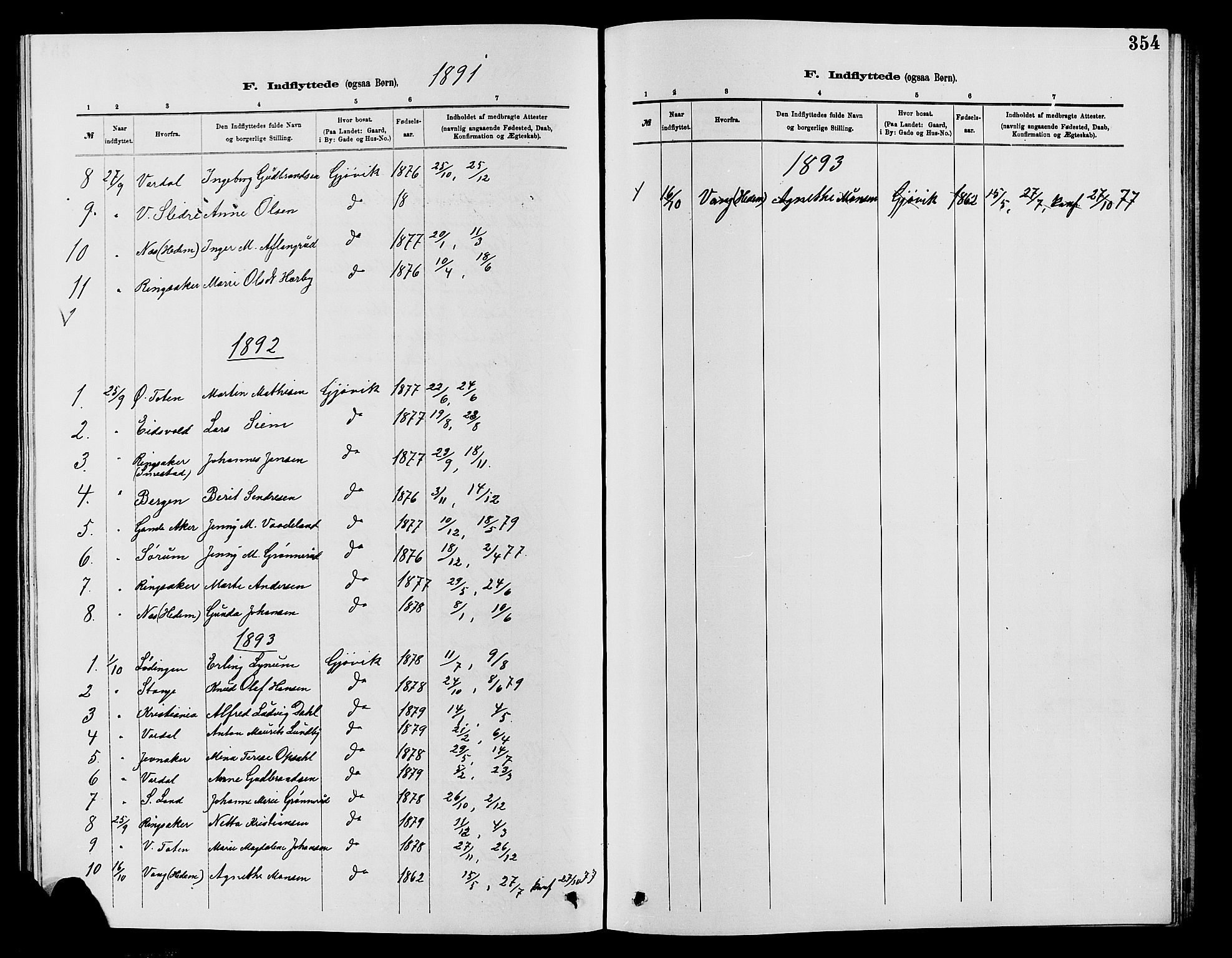 Vardal prestekontor, SAH/PREST-100/H/Ha/Hab/L0007: Parish register (copy) no. 7 /2, 1881-1895, p. 354