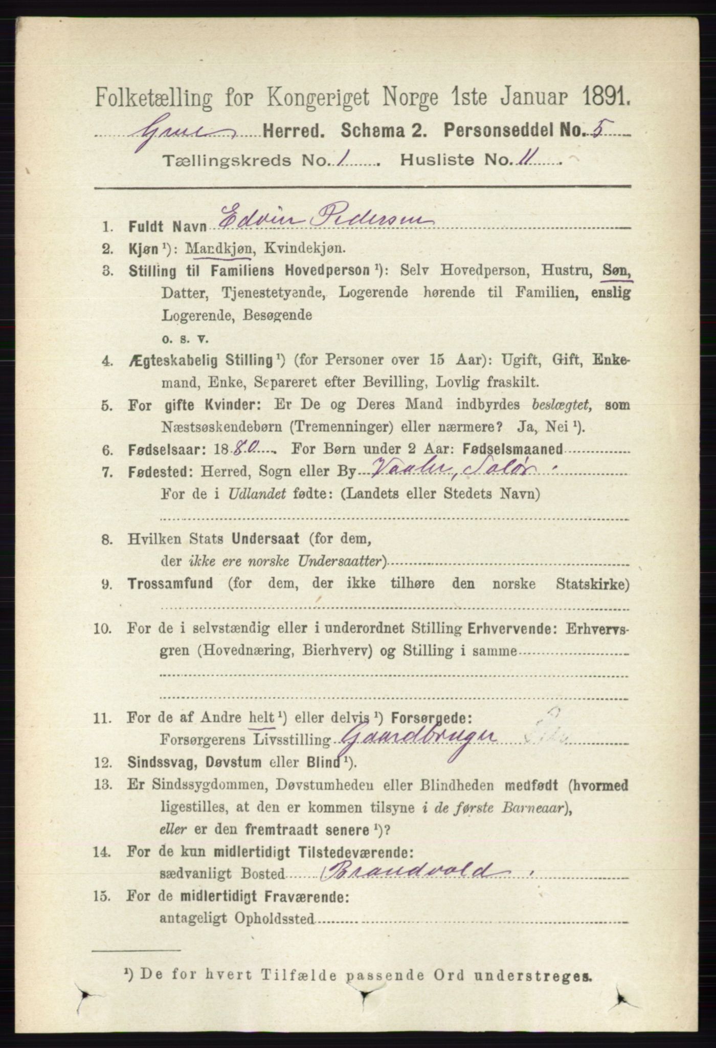 RA, 1891 census for 0423 Grue, 1891, p. 256