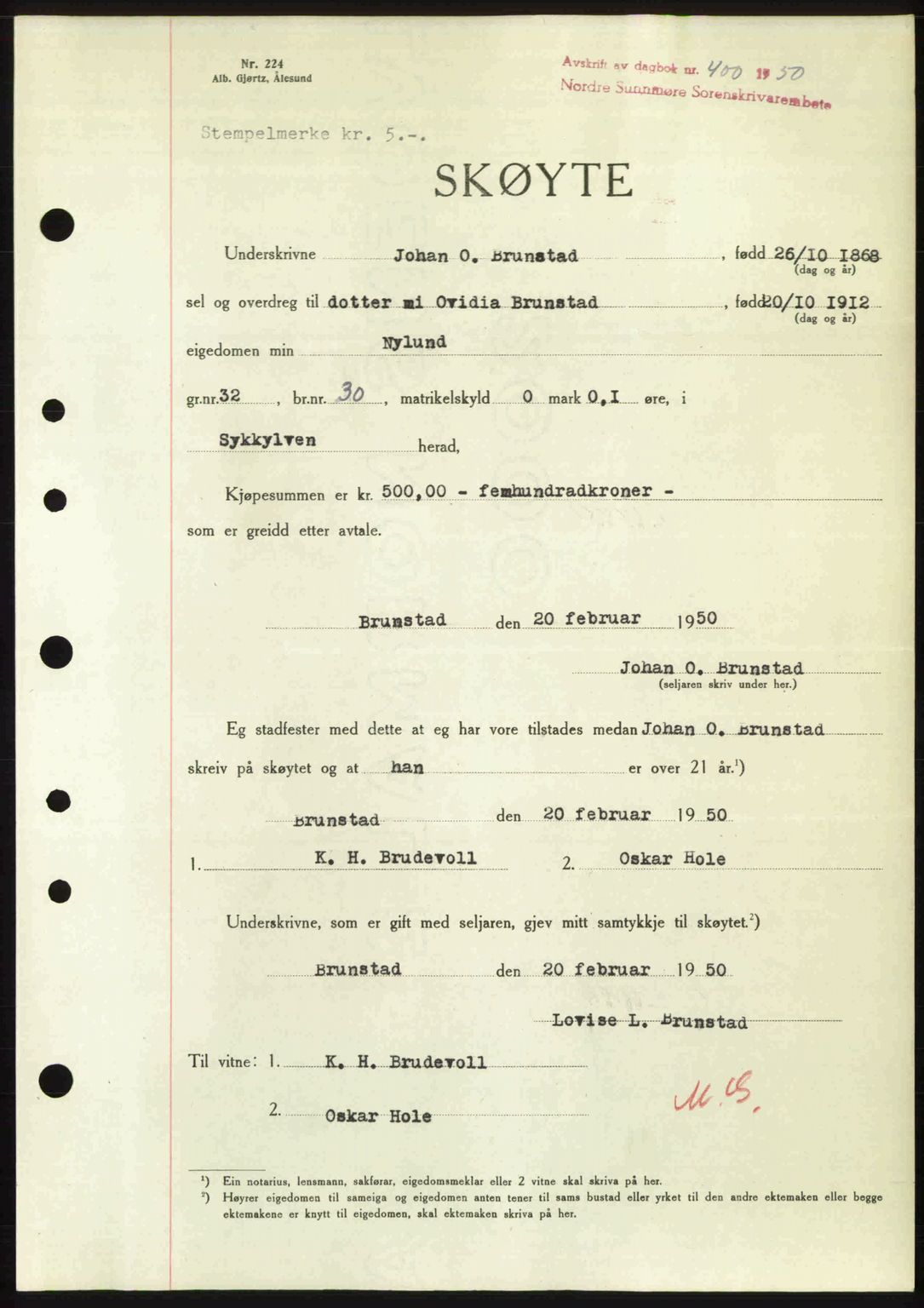 Nordre Sunnmøre sorenskriveri, AV/SAT-A-0006/1/2/2C/2Ca: Mortgage book no. A33, 1949-1950, Diary no: : 400/1950