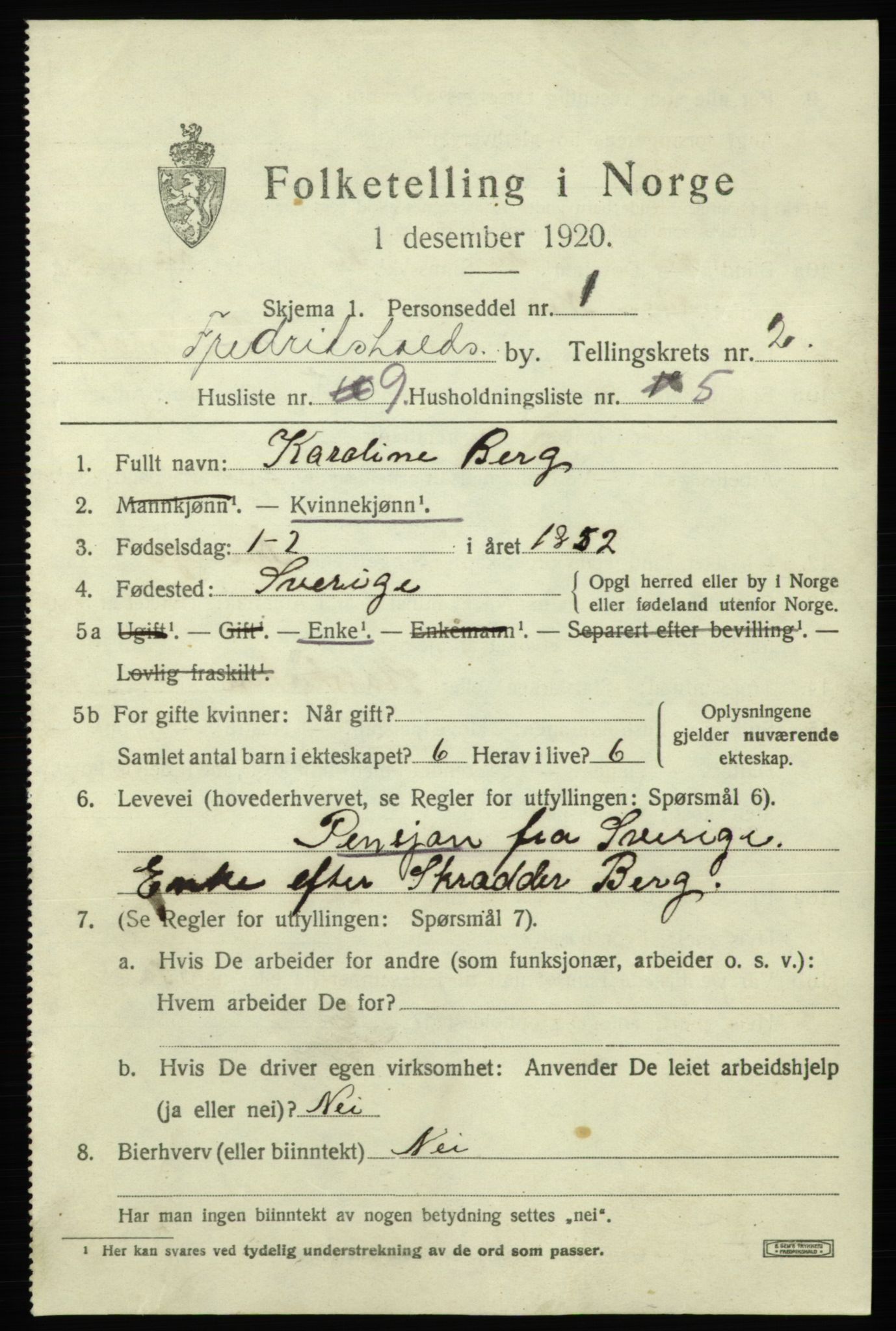 SAO, 1920 census for Fredrikshald, 1920, p. 9442