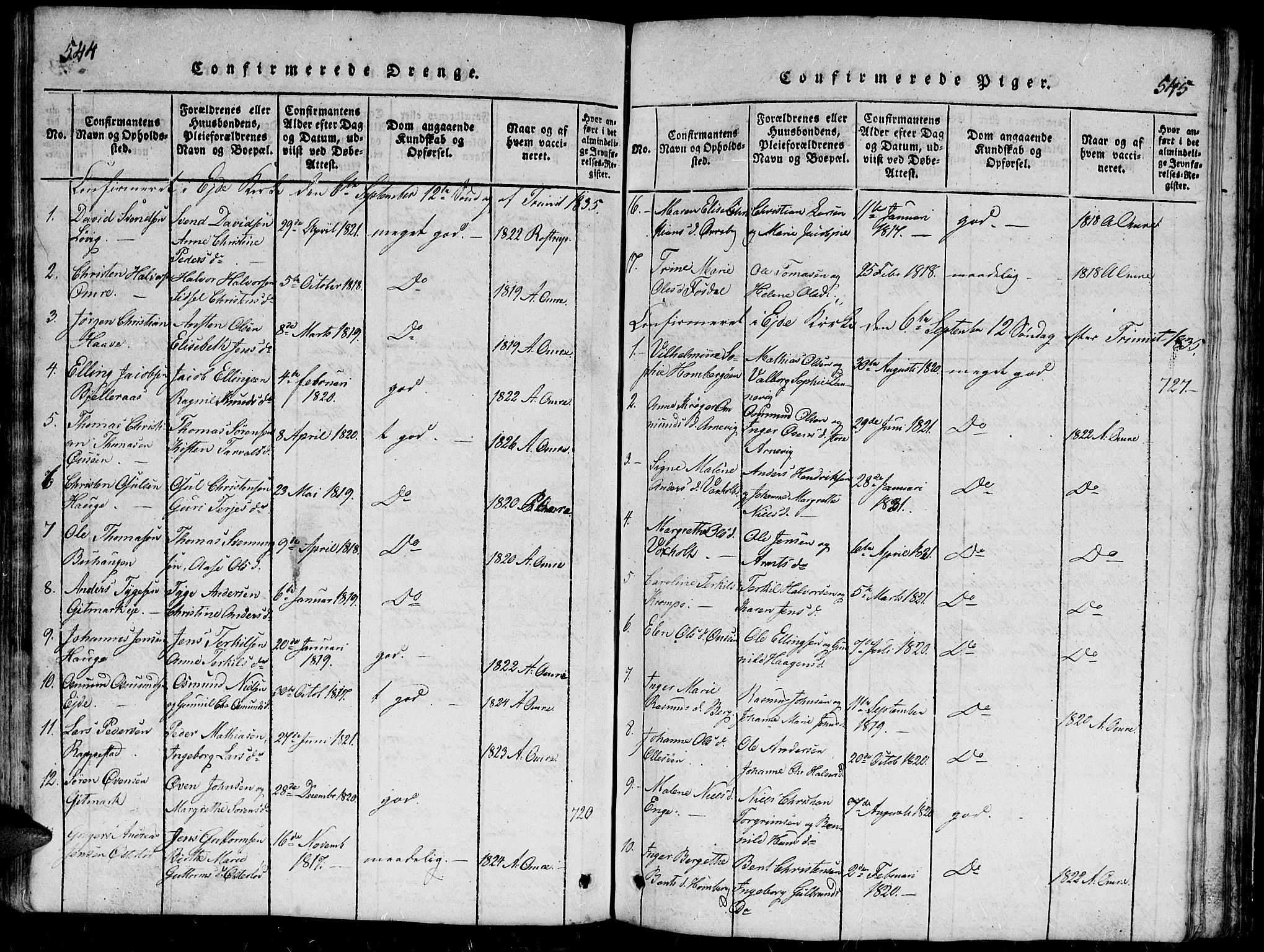 Hommedal sokneprestkontor, AV/SAK-1111-0023/F/Fb/Fbb/L0003: Parish register (copy) no. B 3 /2, 1816-1850, p. 544-545