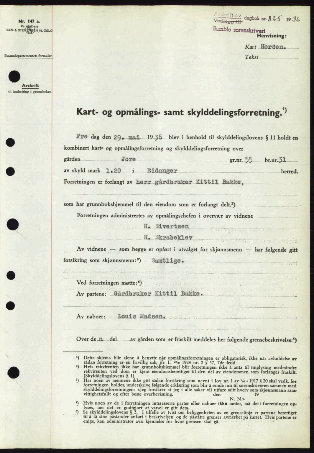 Bamble sorenskriveri, AV/SAKO-A-214/G/Ga/Gag/L0001: Mortgage book no. A-1, 1936-1937, Diary no: : 825/1936