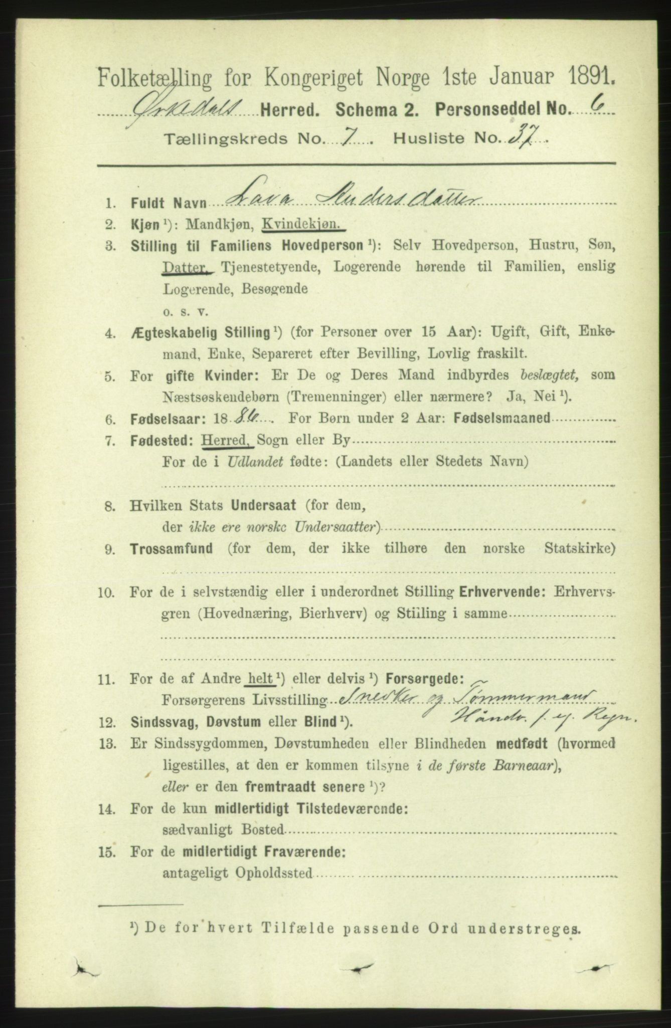 RA, 1891 census for 1638 Orkdal, 1891, p. 3655