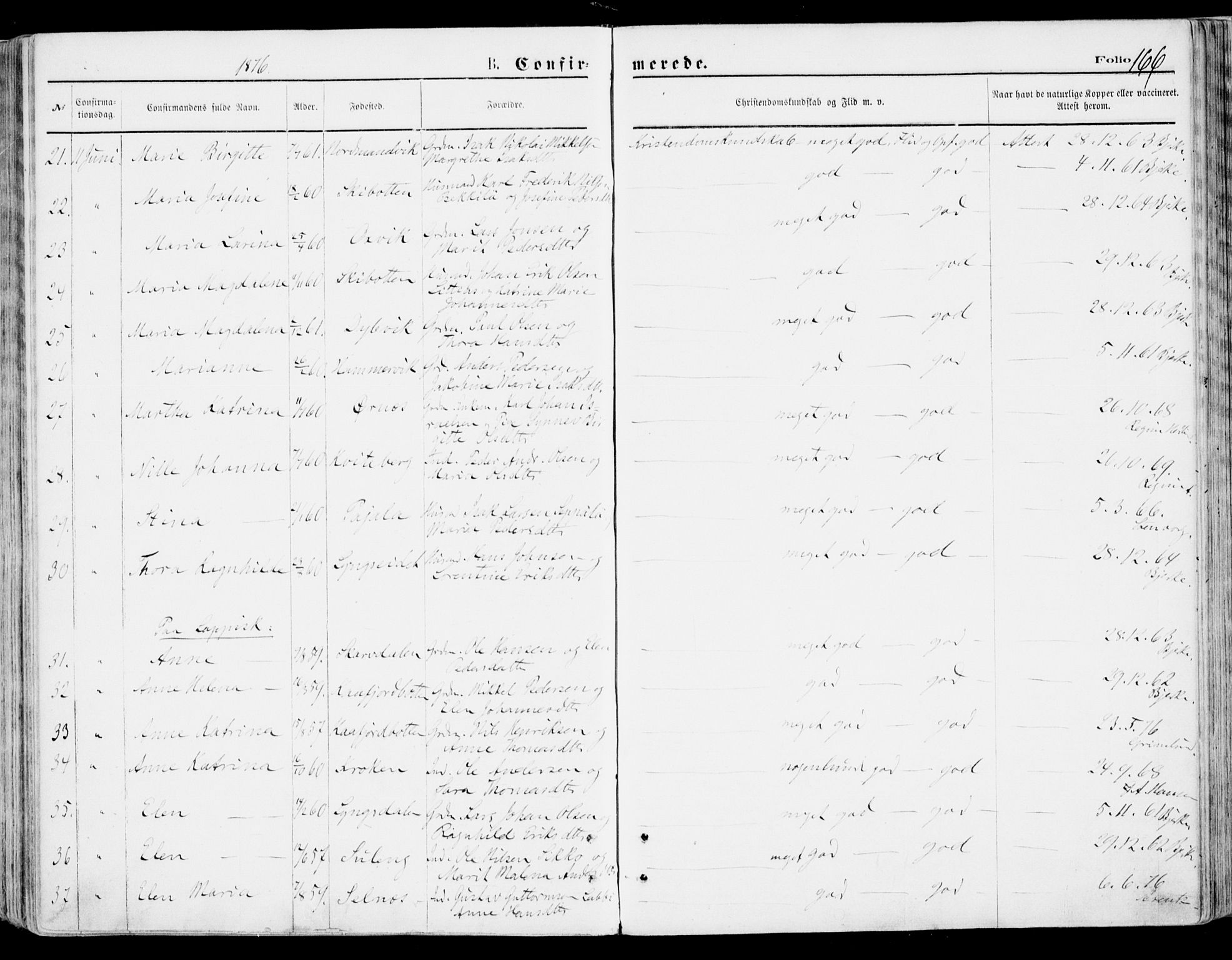 Lyngen sokneprestembete, AV/SATØ-S-1289/H/He/Hea/L0006kirke: Parish register (official) no. 6, 1870-1878, p. 166