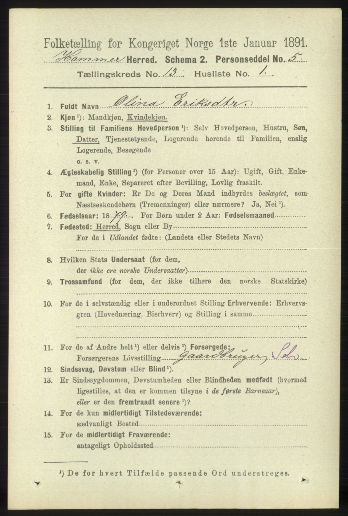 RA, 1891 census for 1254 Hamre, 1891, p. 3997