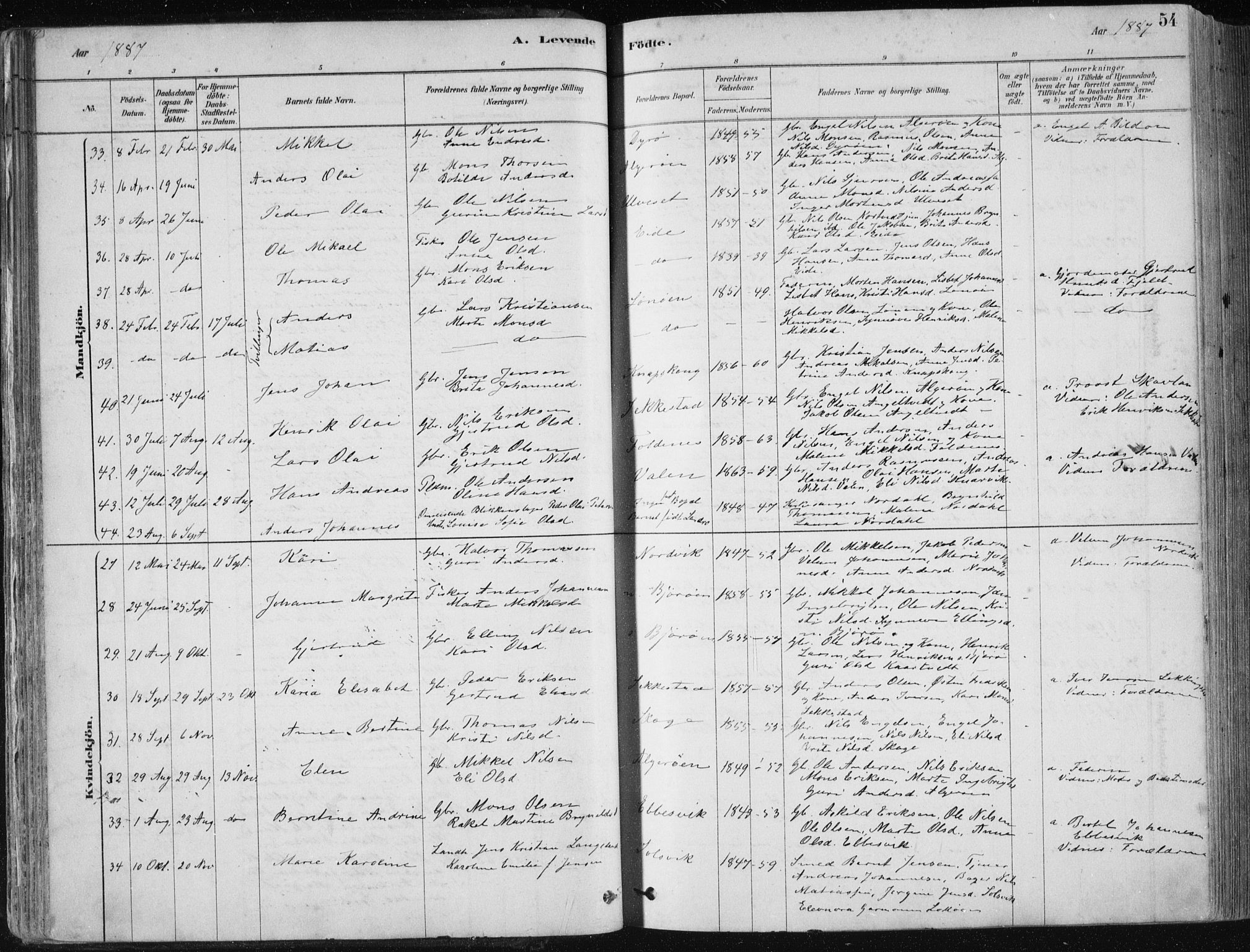 Fjell sokneprestembete, SAB/A-75301/H/Haa: Parish register (official) no. A  8, 1878-1898, p. 54