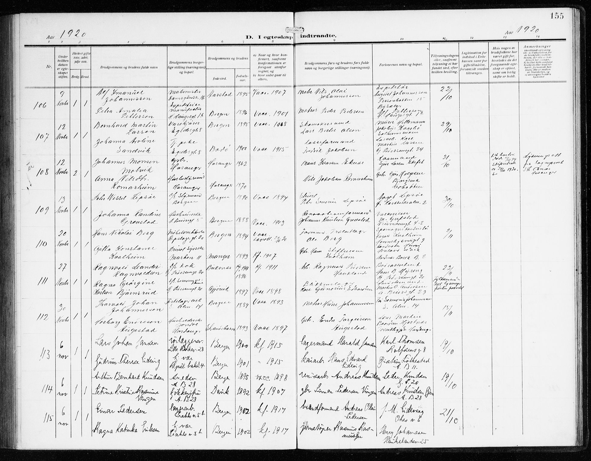 Sandviken Sokneprestembete, AV/SAB-A-77601/H/Ha/L0015: Parish register (official) no. D 2, 1911-1923, p. 155