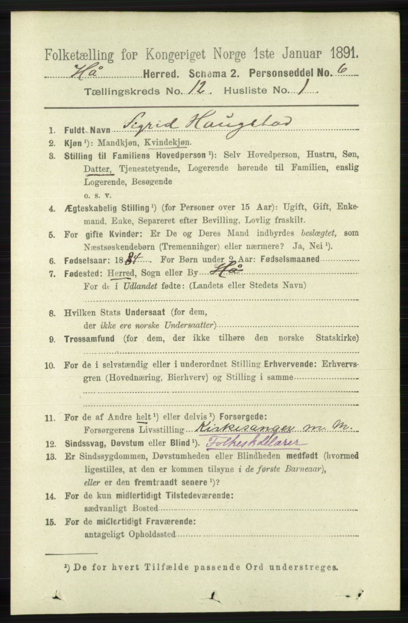 RA, 1891 census for 1119 Hå, 1891, p. 2888