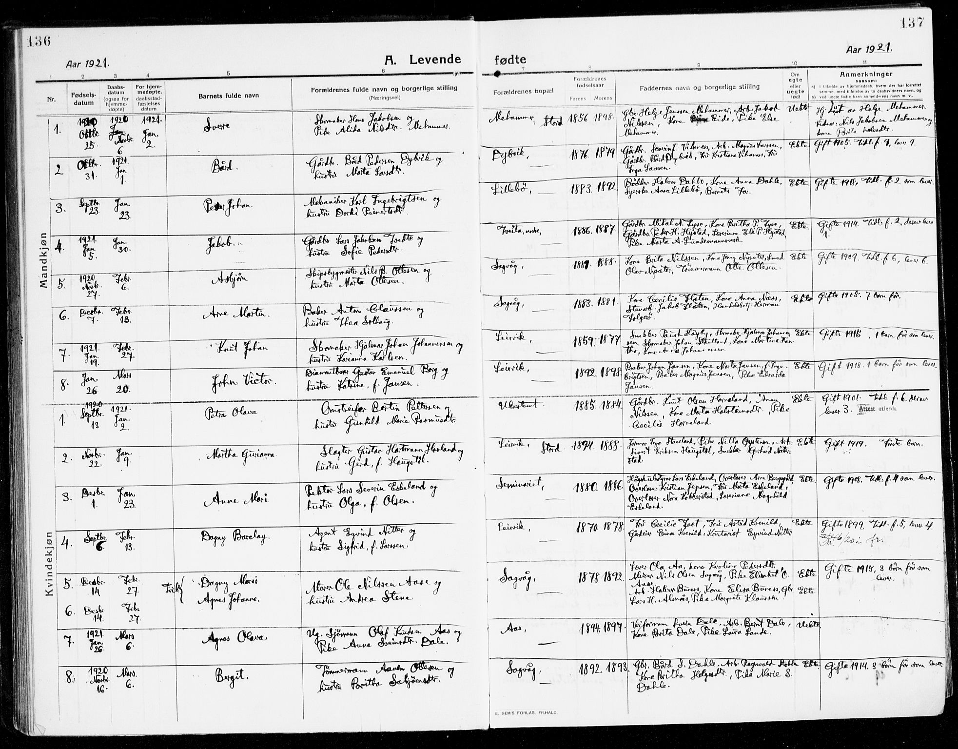 Stord sokneprestembete, SAB/A-78201/H/Haa: Parish register (official) no. B 3, 1913-1925, p. 136-137