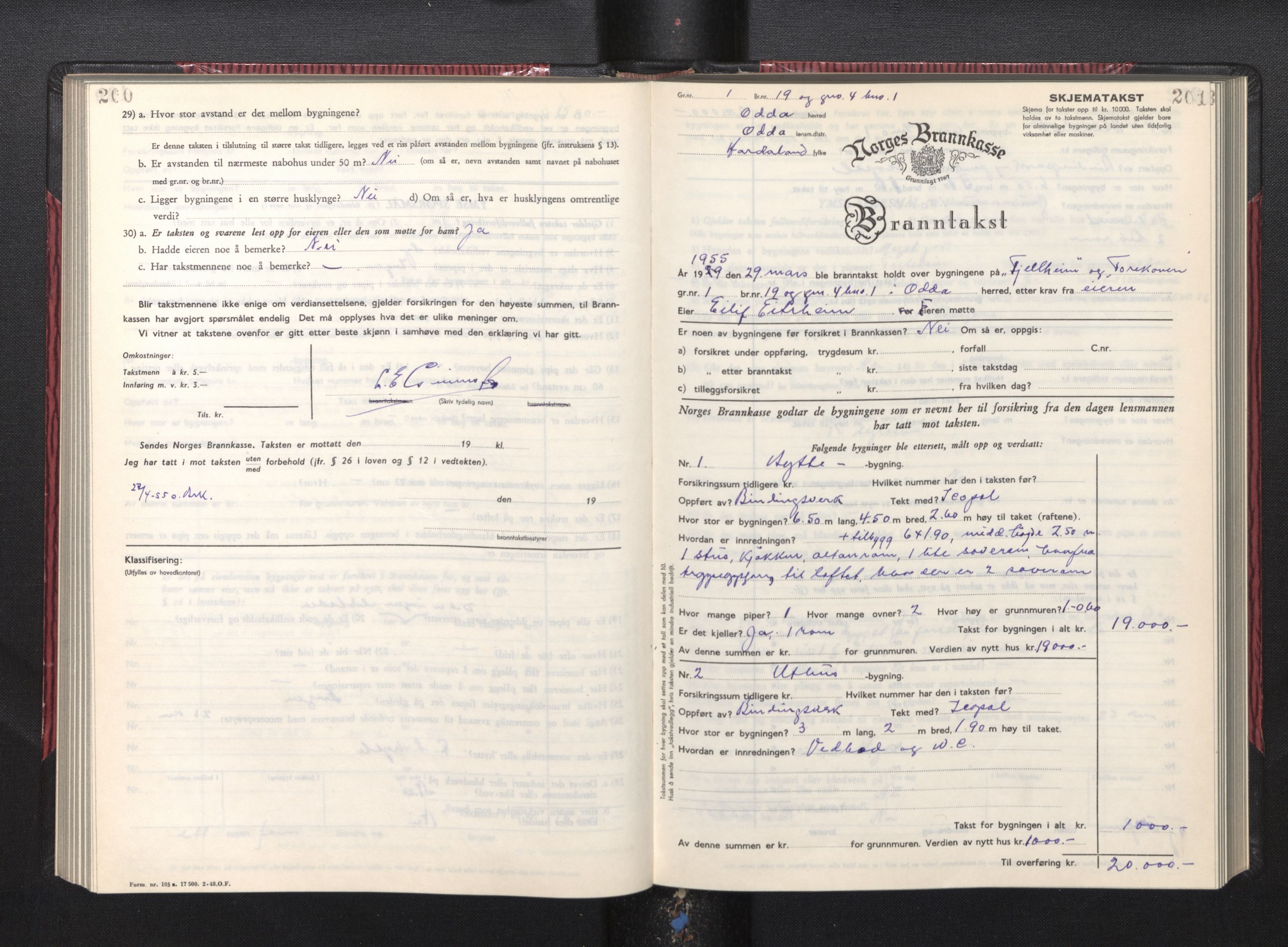 Lensmannen i Odda, AV/SAB-A-34001/0012/L0004: Branntakstprotokoll, skjematakst, 1950-1955, p. 200-201