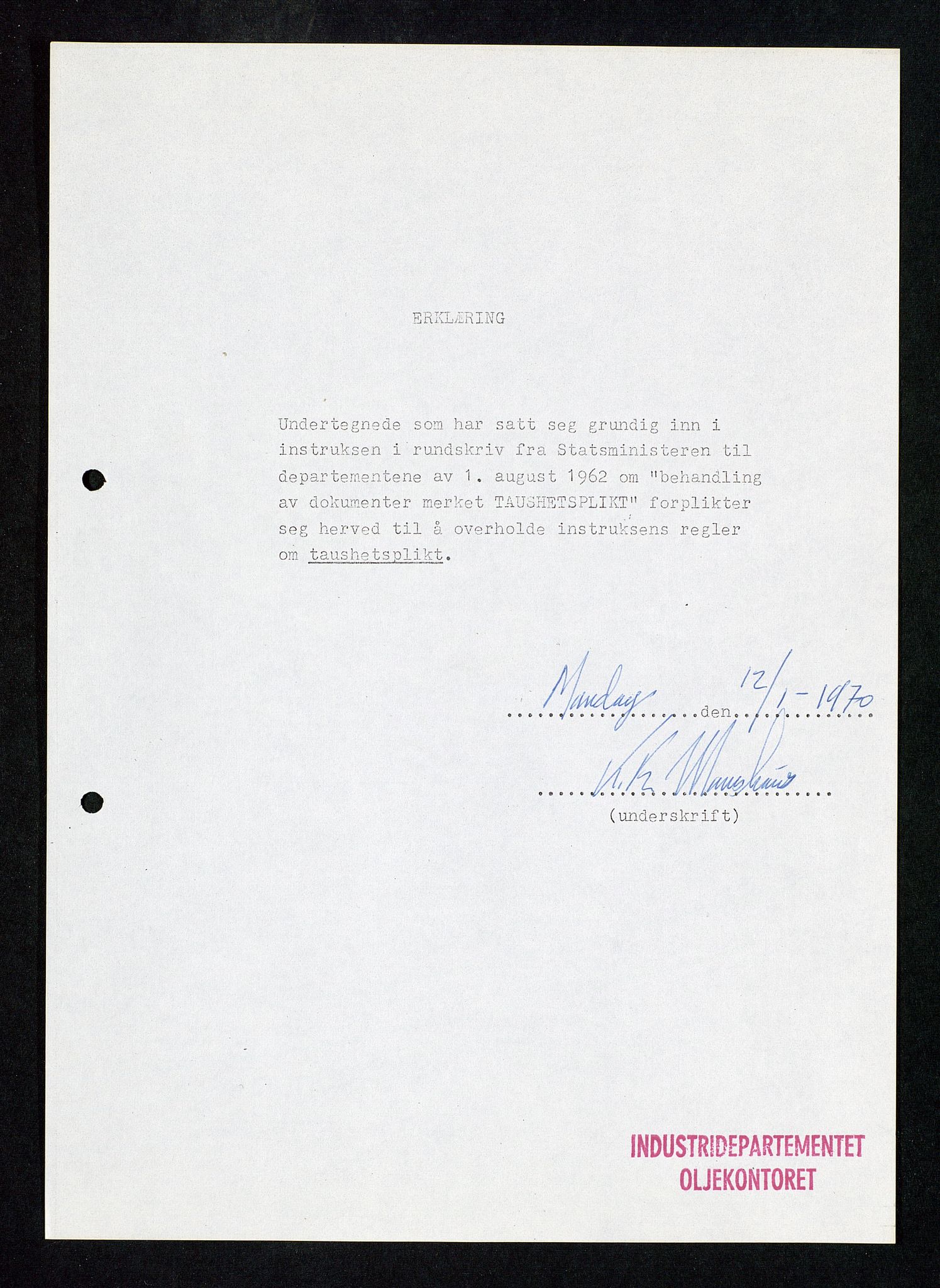 Industridepartementet, Oljekontoret, AV/SAST-A-101348/Db/L0001: Sikkerhet og utstyr, personell, arbeidstid, lønn, 1967-1973, p. 194