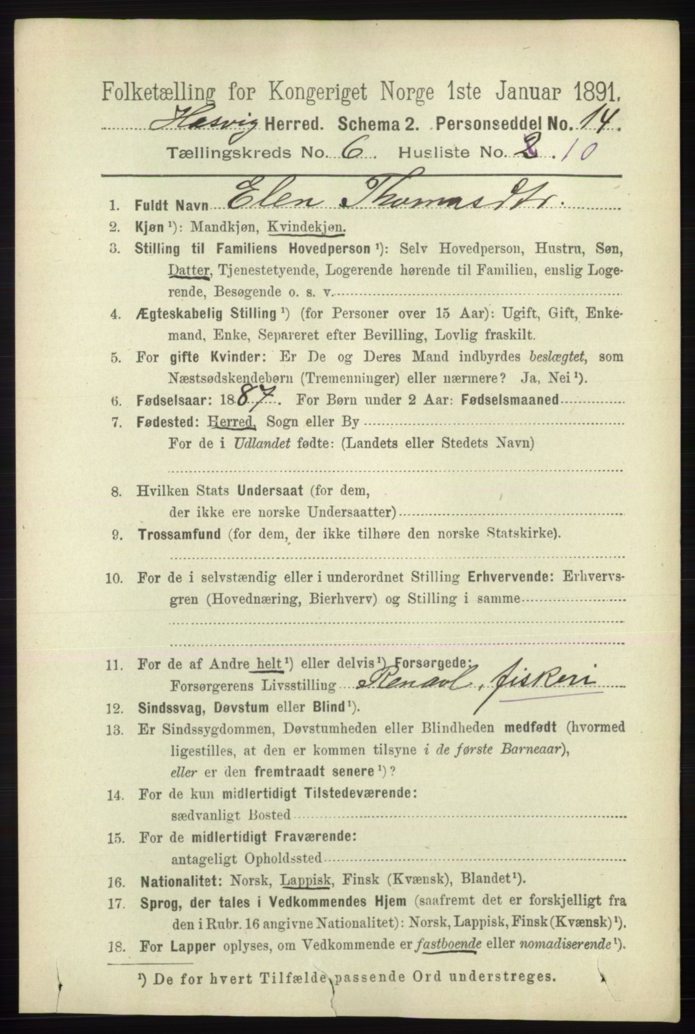 RA, 1891 census for 2015 Hasvik, 1891, p. 954