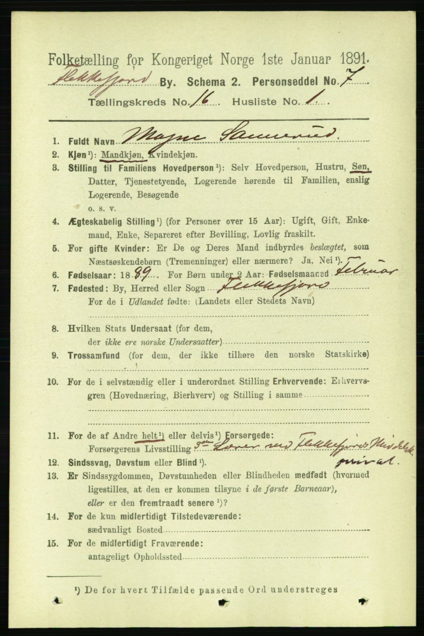 RA, 1891 census for 1004 Flekkefjord, 1891, p. 2007