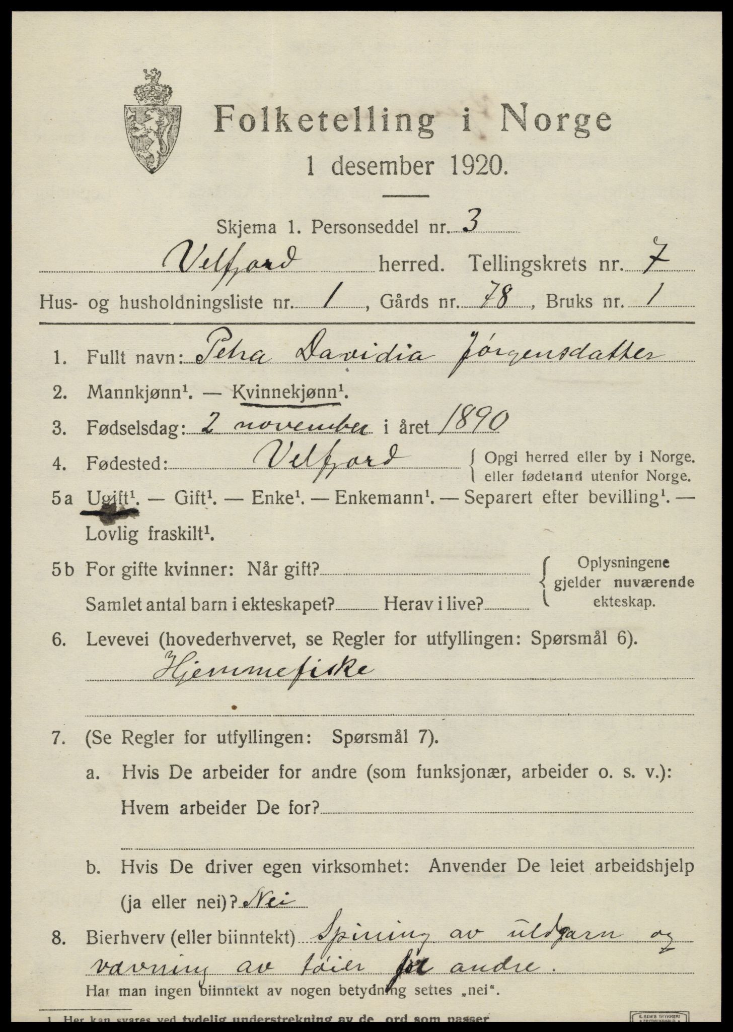 SAT, 1920 census for Velfjord, 1920, p. 3507