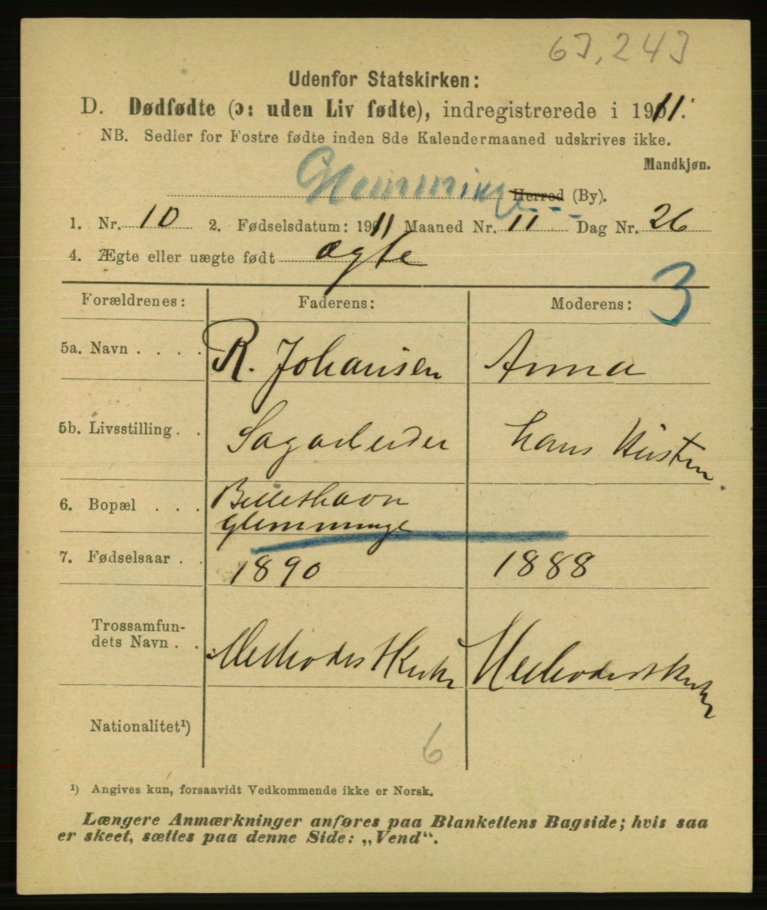 Statistisk sentralbyrå, Sosiodemografiske emner, Befolkning, AV/RA-S-2228/E/L0009: Fødte, gifte, døde dissentere., 1911, p. 3105