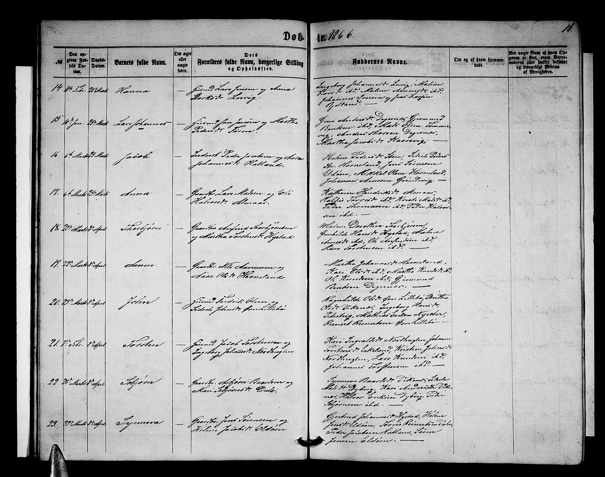 Stord sokneprestembete, AV/SAB-A-78201/H/Hab: Parish register (copy) no. A 1, 1864-1878, p. 16