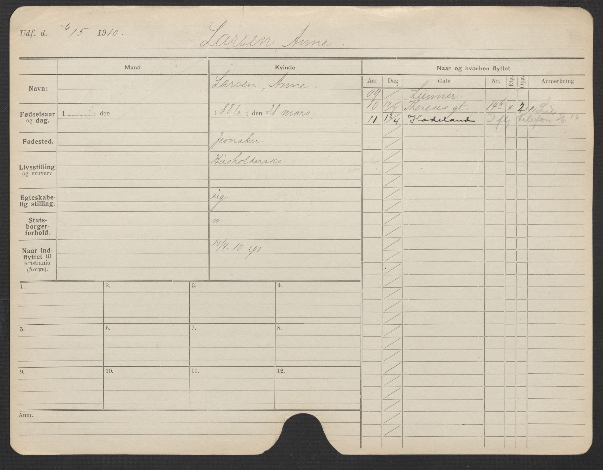 Oslo folkeregister, Registerkort, AV/SAO-A-11715/F/Fa/Fac/L0019: Kvinner, 1906-1914, p. 823a