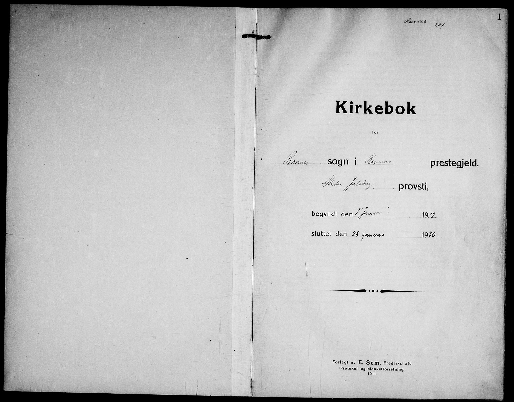 Ramnes kirkebøker, AV/SAKO-A-314/F/Fa/L0009: Parish register (official) no. I 9, 1912-1929, p. 1