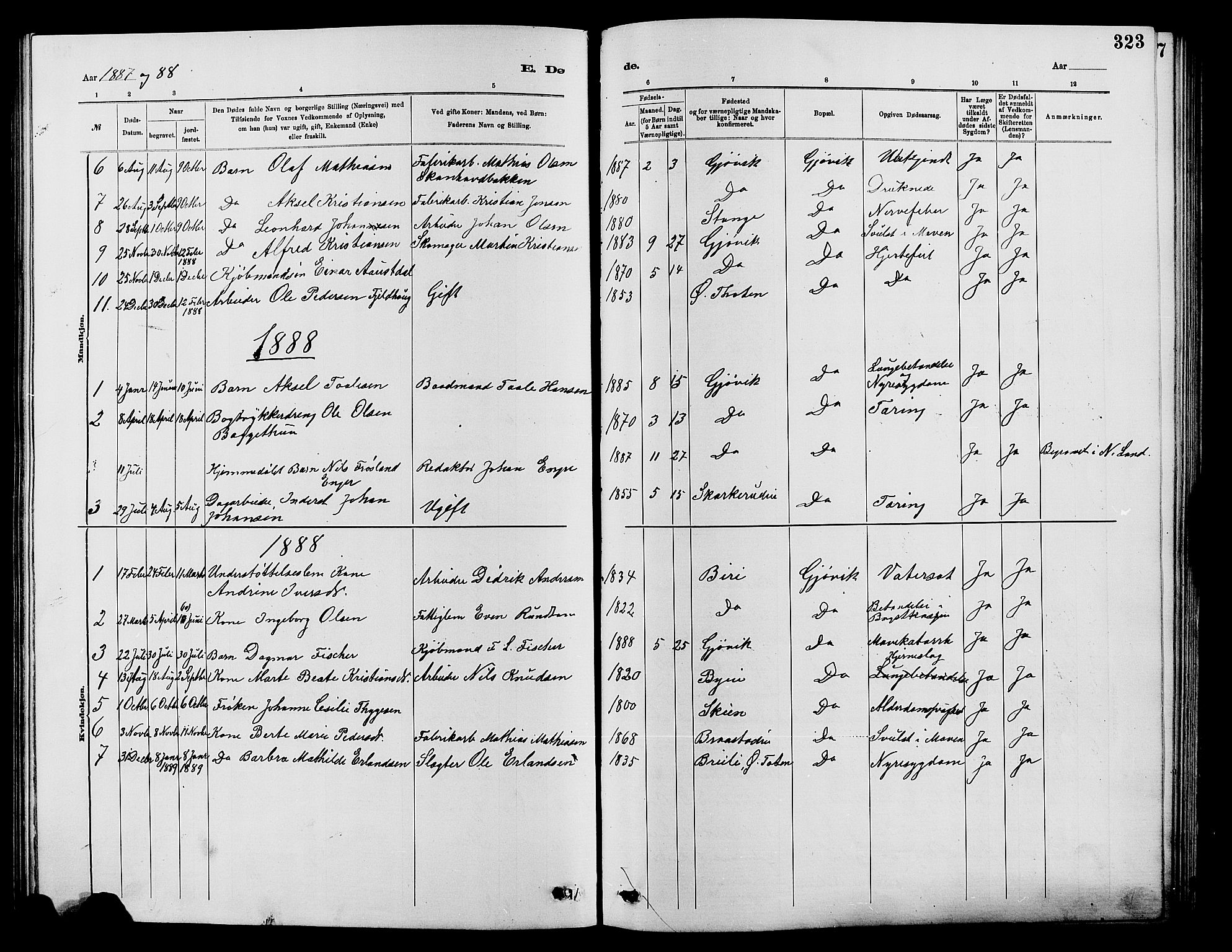 Vardal prestekontor, SAH/PREST-100/H/Ha/Hab/L0007: Parish register (copy) no. 7 /2, 1881-1895, p. 323
