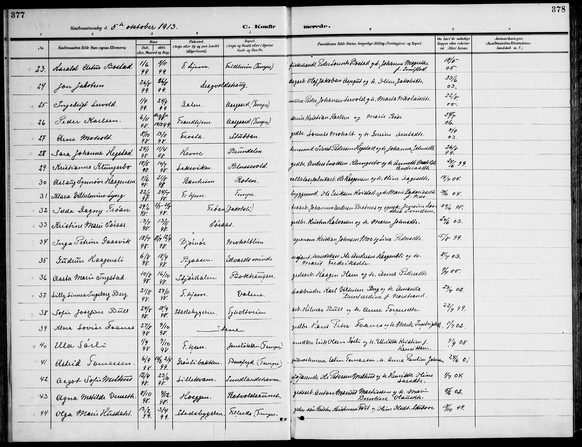 Ministerialprotokoller, klokkerbøker og fødselsregistre - Sør-Trøndelag, AV/SAT-A-1456/607/L0320: Parish register (official) no. 607A04, 1907-1915, p. 377-378