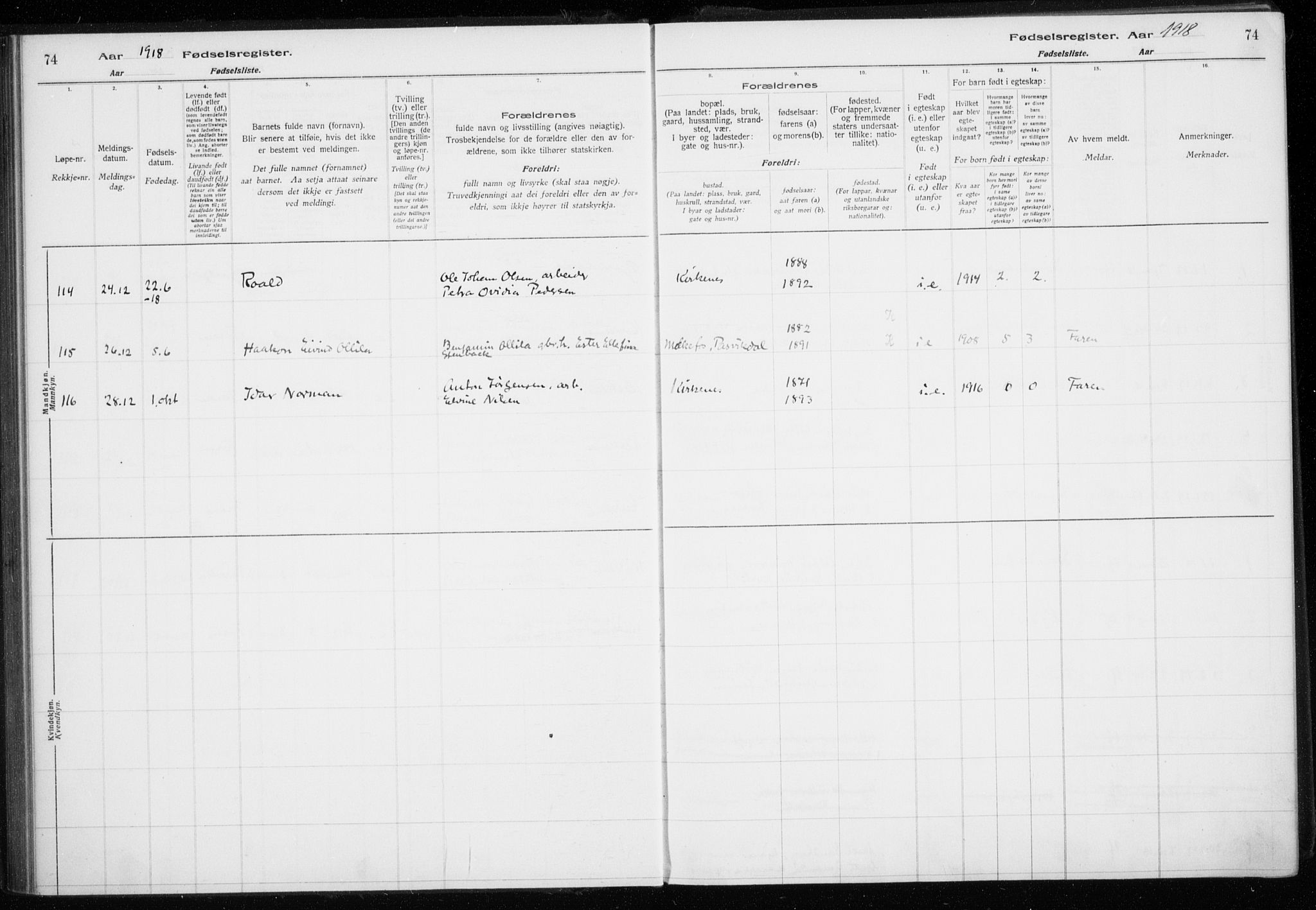 Sør-Varanger sokneprestkontor, AV/SATØ-S-1331/I/Ia/L0016: Birth register no. 16, 1915-1925, p. 74